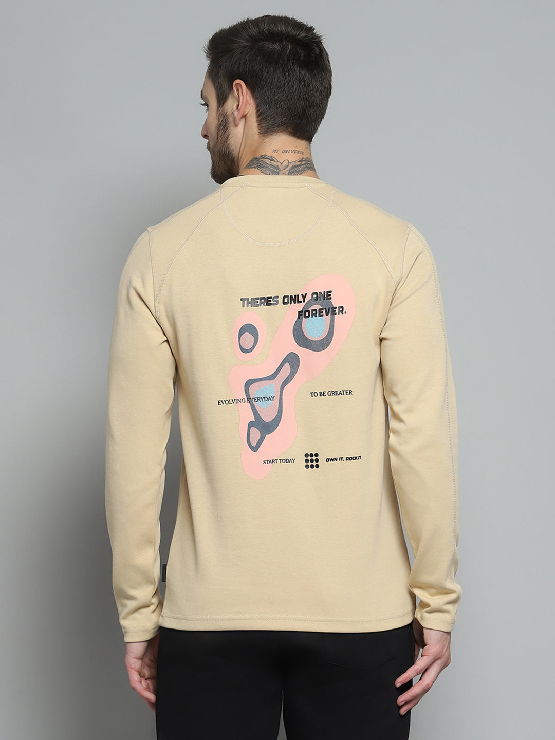 Rock.it Men Beige Printed Round Neck Full Sleeve Winter T-Shirt