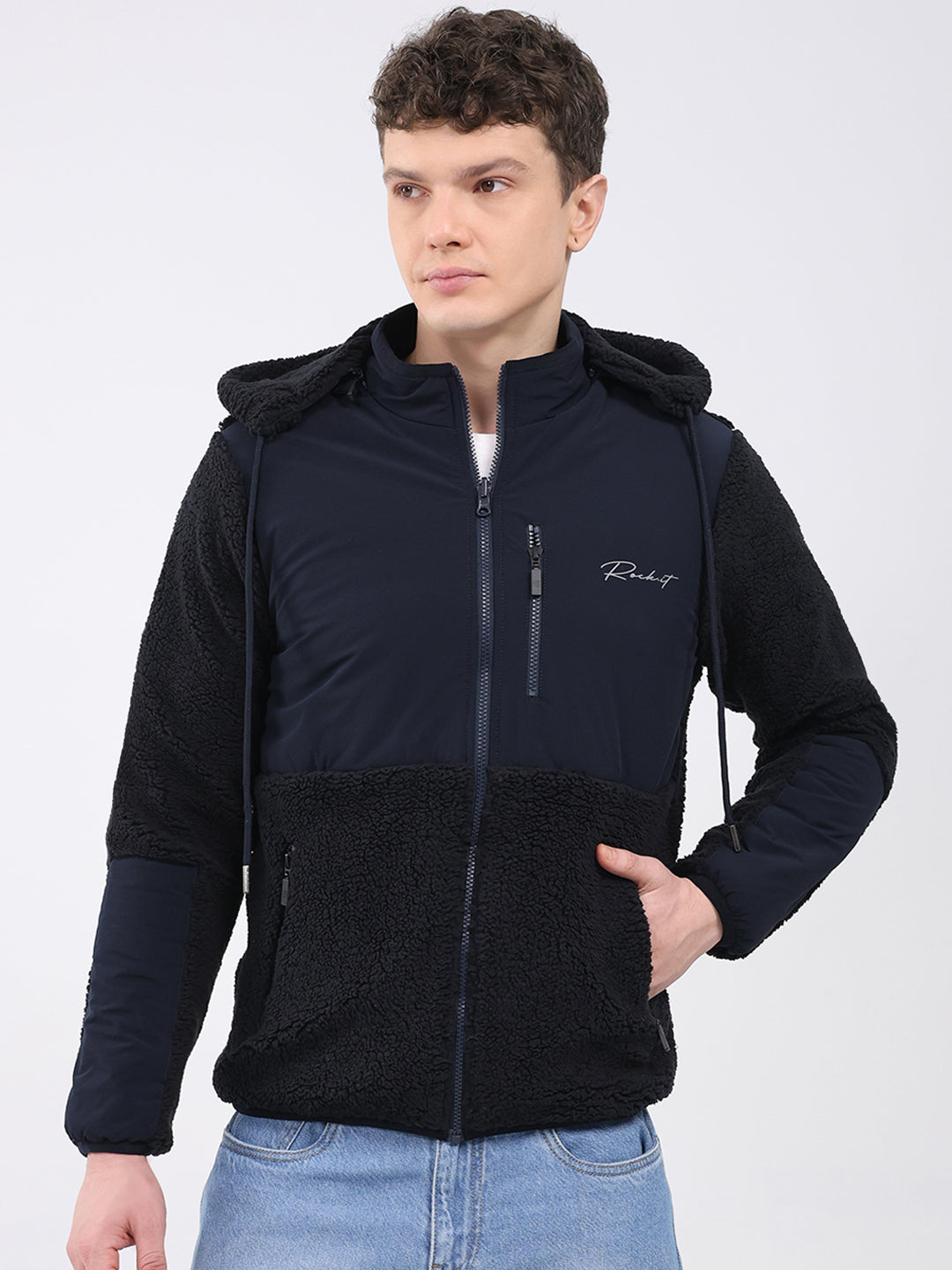 Rock.it Men Navy Blue Solid Hooded Full Sleeve Reversible Jacket