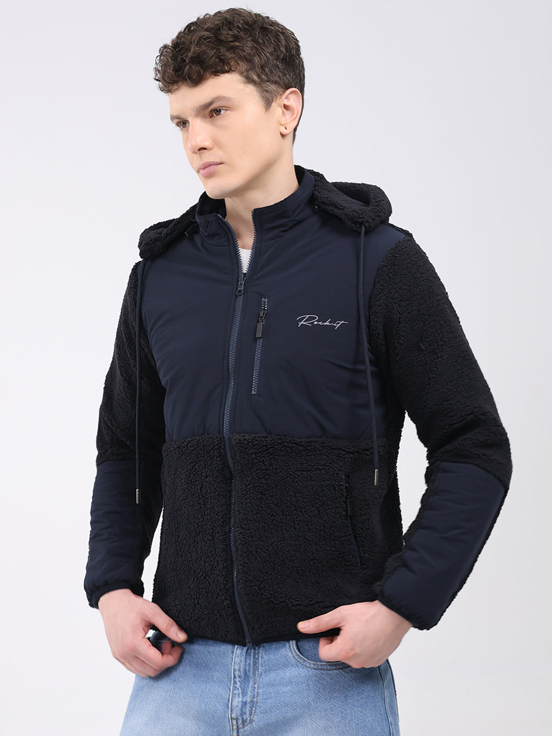 Rock.it Men Navy Blue Solid Hooded Full Sleeve Reversible Jacket