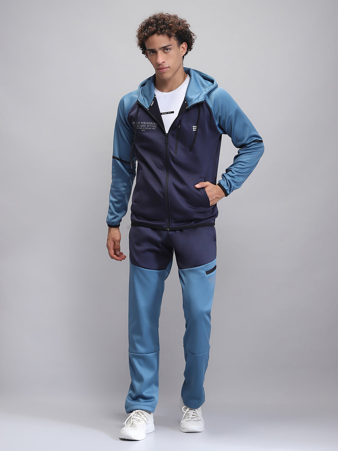 Rock.it Men Navy Blue Printed Hooded Full Sleeve Winter Tracksuit