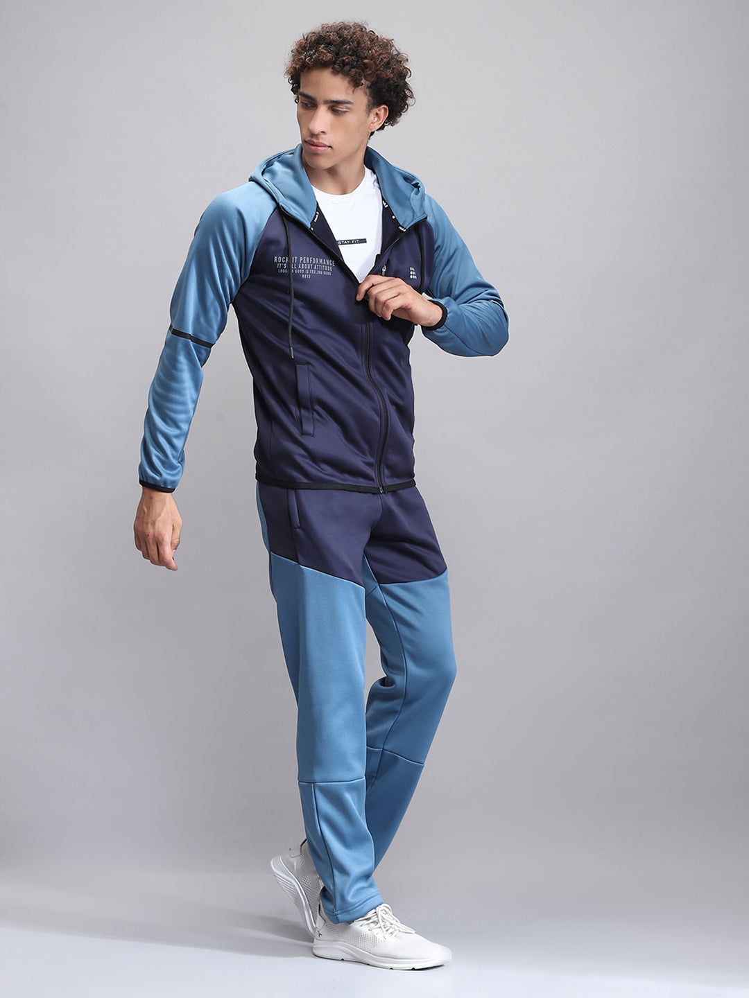 Rock.it Men Navy Blue Printed Hooded Full Sleeve Winter Tracksuit