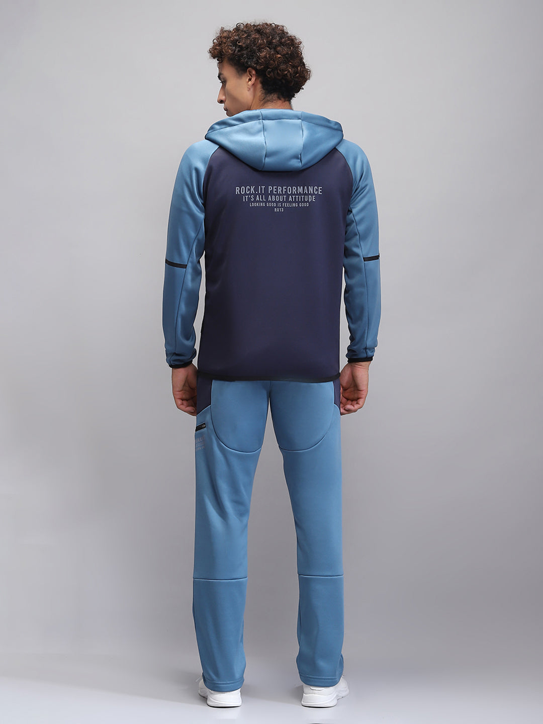 Rock.it Men Navy Blue Printed Hooded Full Sleeve Winter Tracksuit