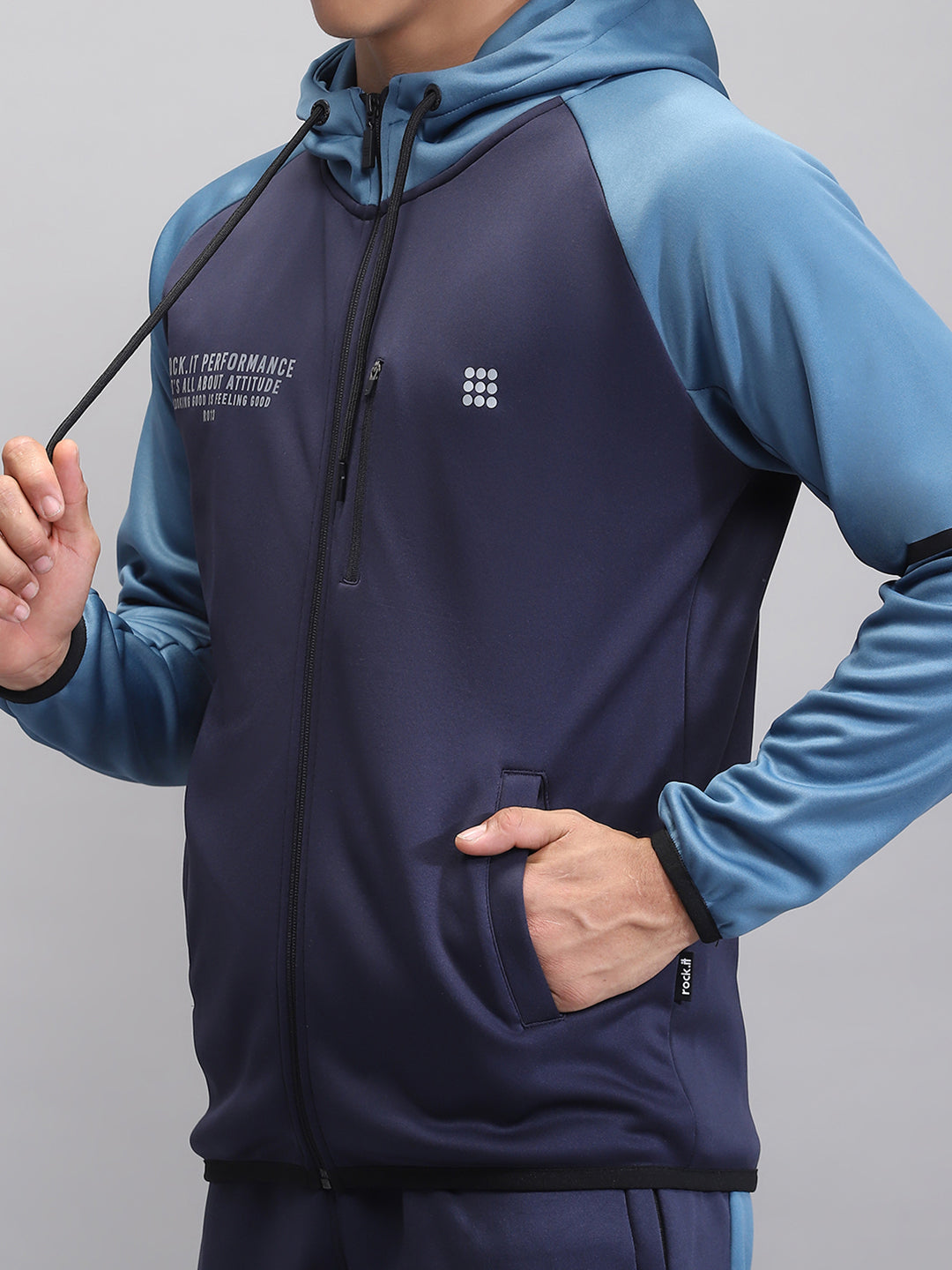Rock.it Men Navy Blue Printed Hooded Full Sleeve Winter Tracksuit