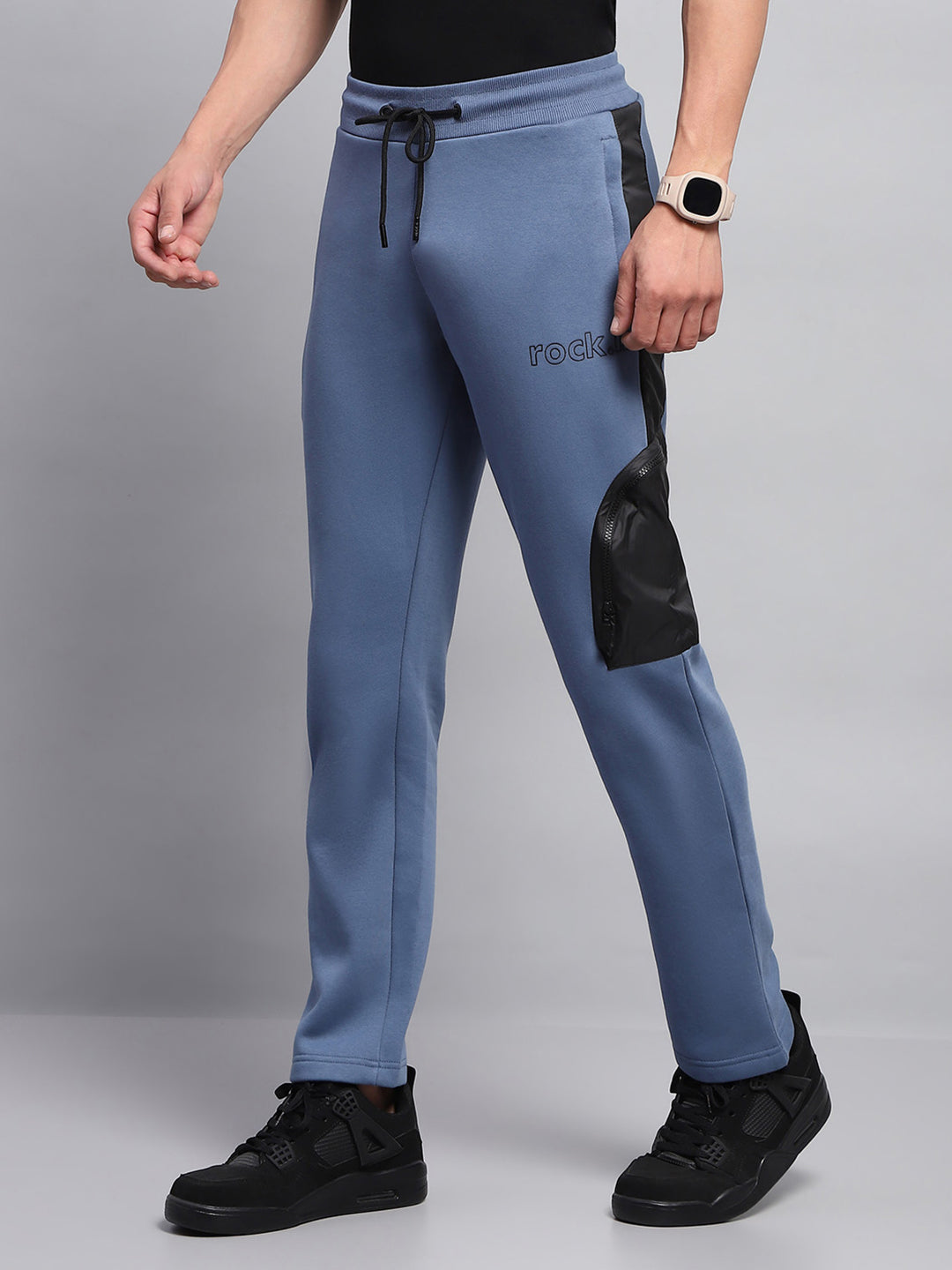 Rock.it Men Blue Printed Hooded Full Sleeve Winter Tracksuit