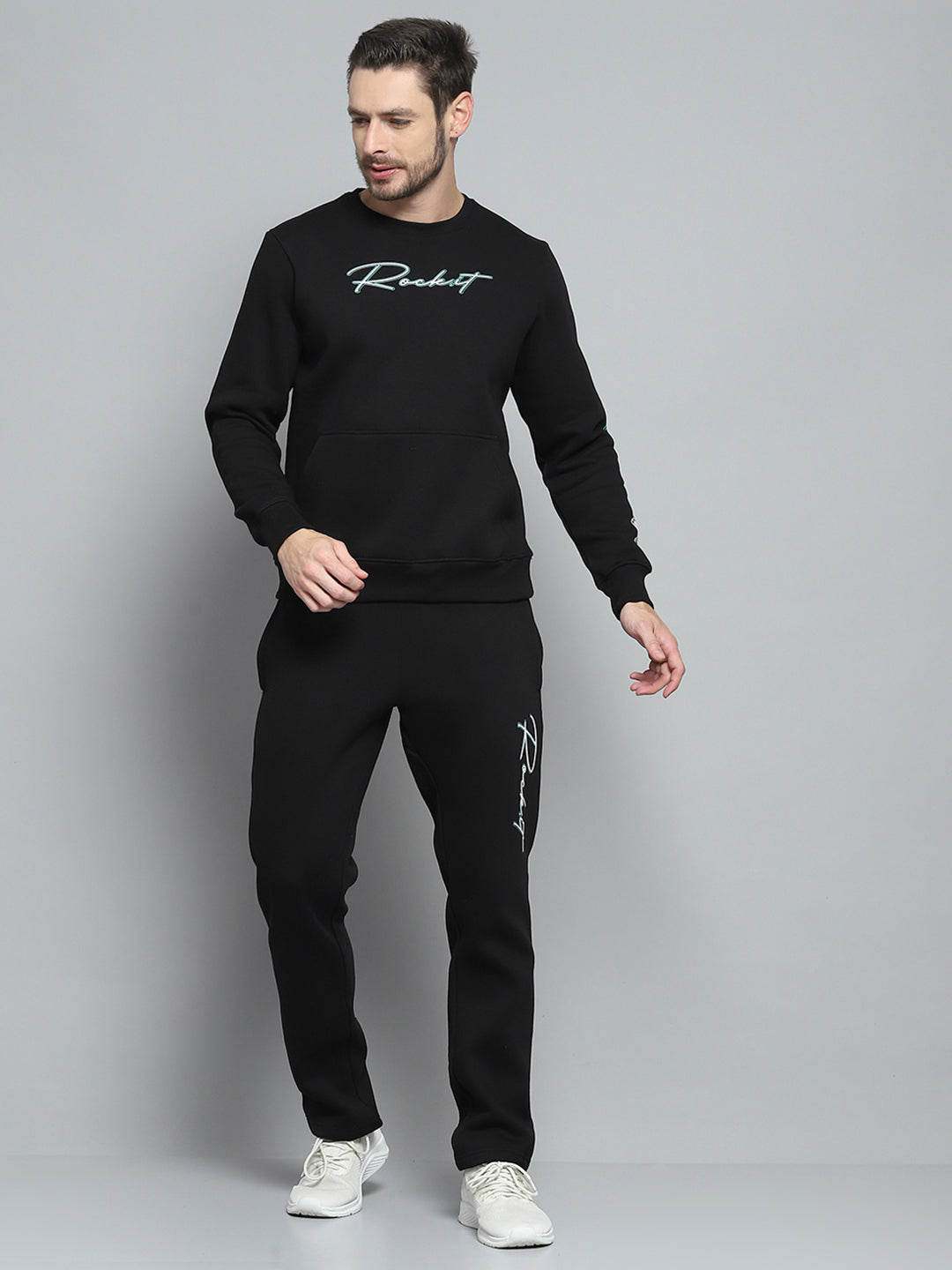 Rock.it Men Black Printed Round Neck Full Sleeve Winter Tracksuit