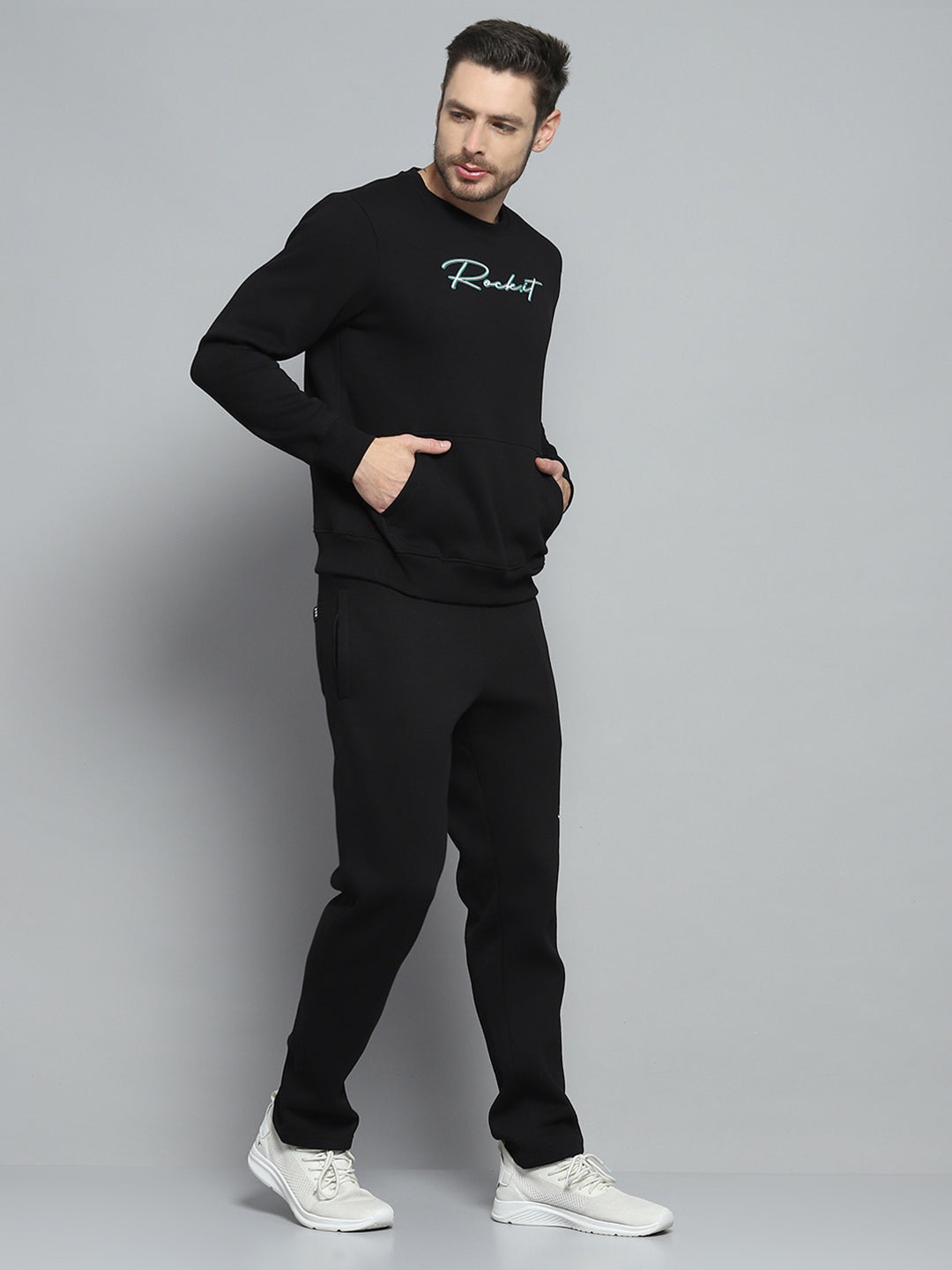 Rock.it Men Black Printed Round Neck Full Sleeve Winter Tracksuit