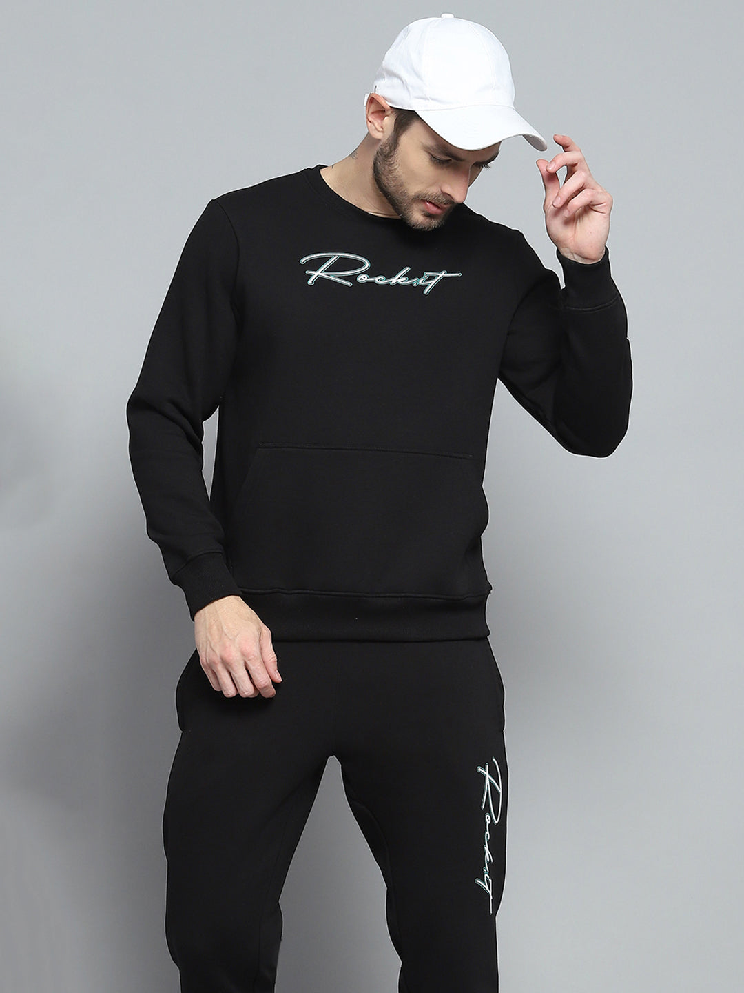 Rock.it Men Black Printed Round Neck Full Sleeve Winter Tracksuit