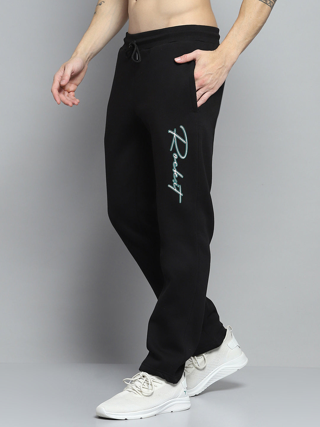 Rock.it Men Black Printed Round Neck Full Sleeve Winter Tracksuit