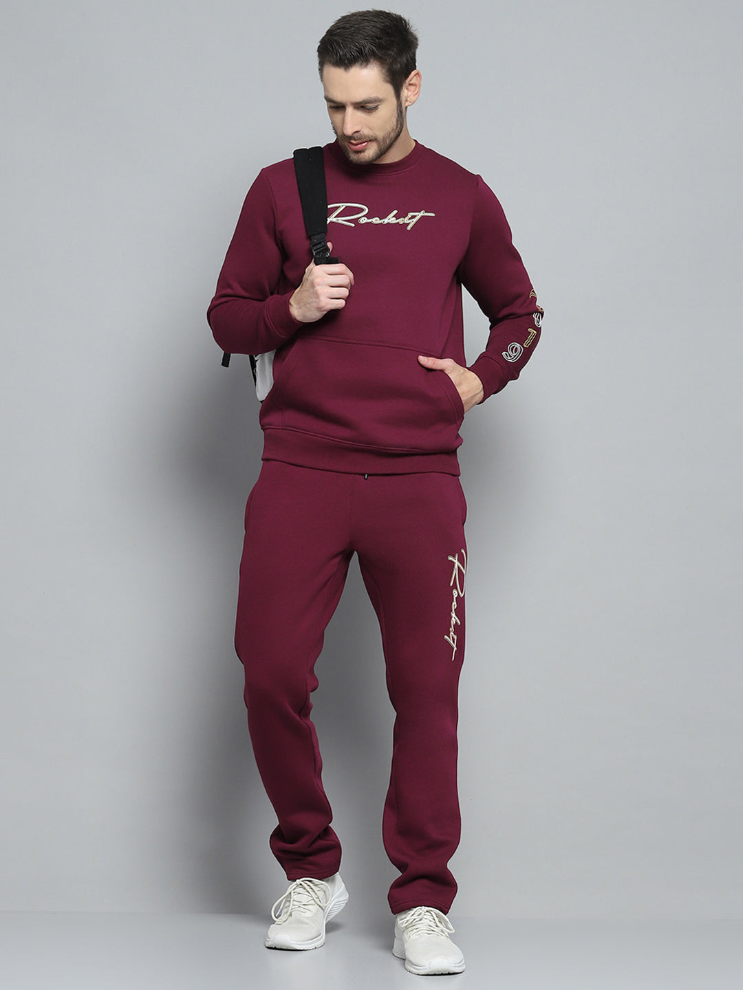 Rock.it Men Maroon Printed Round Neck Full Sleeve Winter Tracksuit