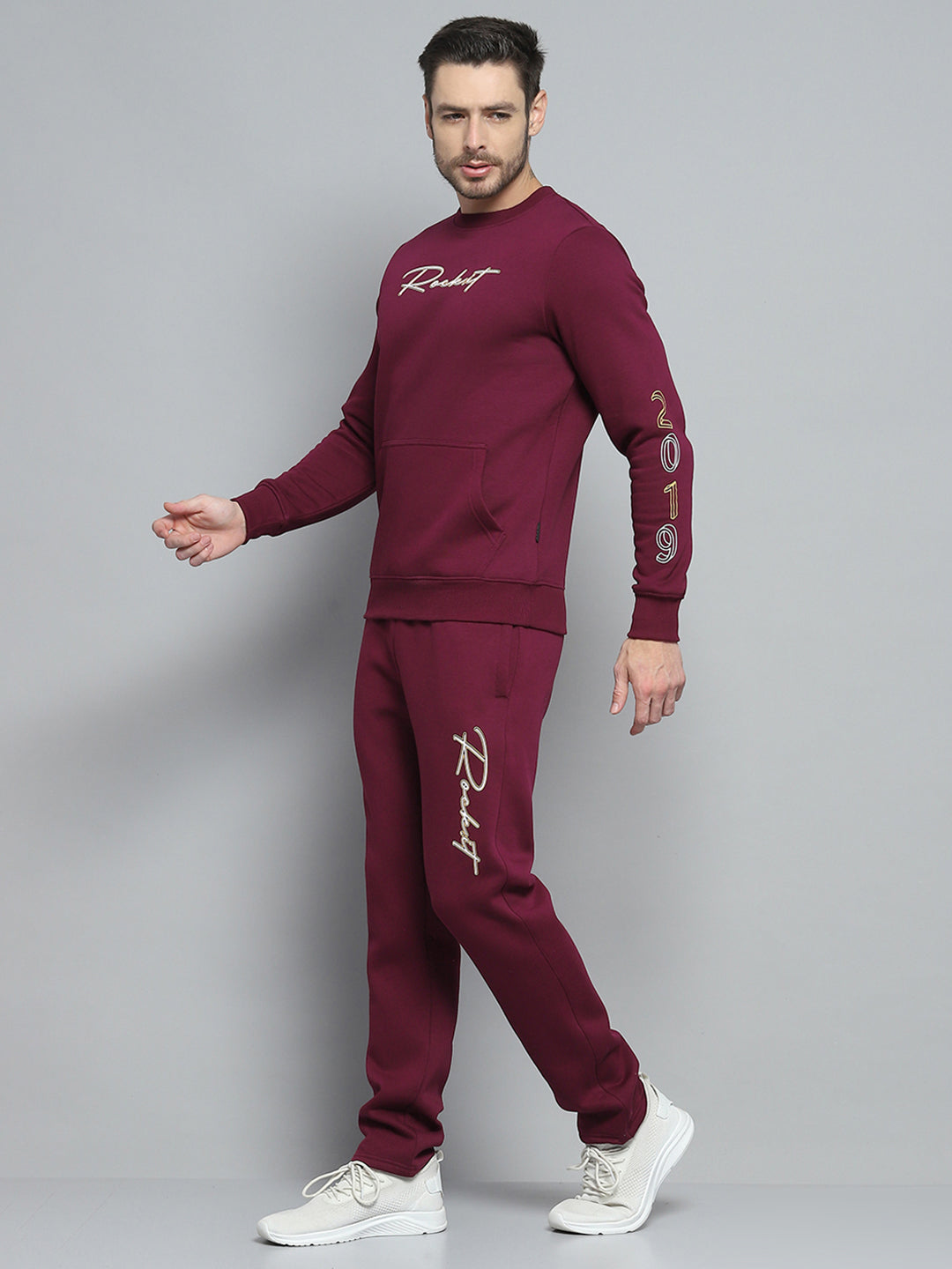 Rock.it Men Maroon Printed Round Neck Full Sleeve Winter Tracksuit