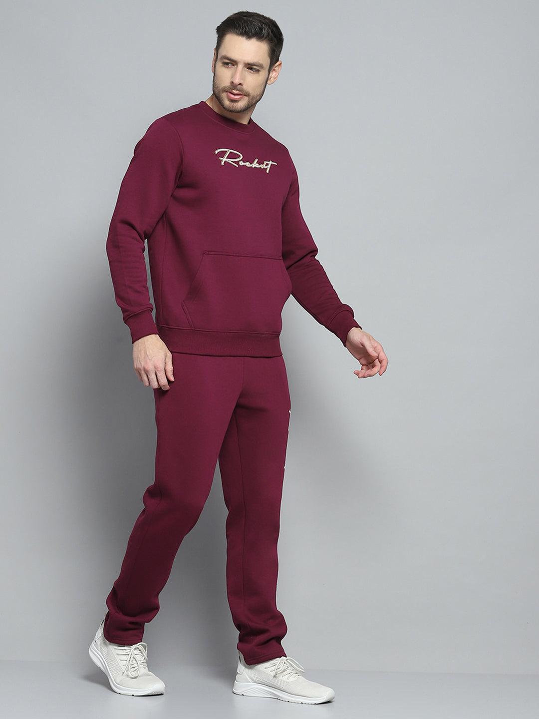 Rock.it Men Maroon Printed Round Neck Full Sleeve Winter Tracksuit