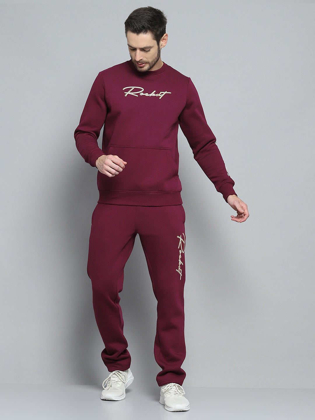 Rock.it Men Maroon Printed Round Neck Full Sleeve Winter Tracksuit