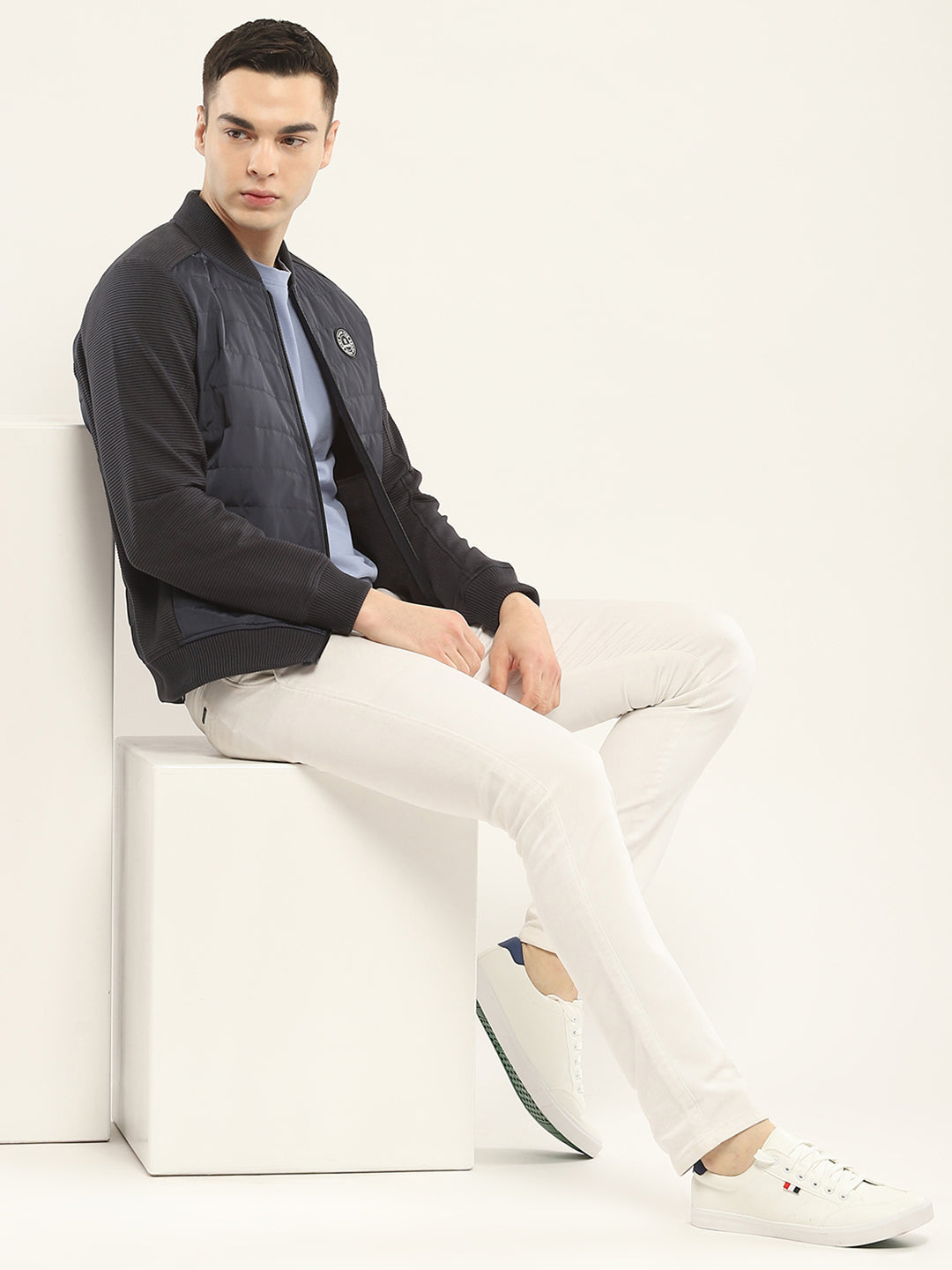 Rock.it Men Navy Blue Solid Band Collar Full Sleeve Jacket