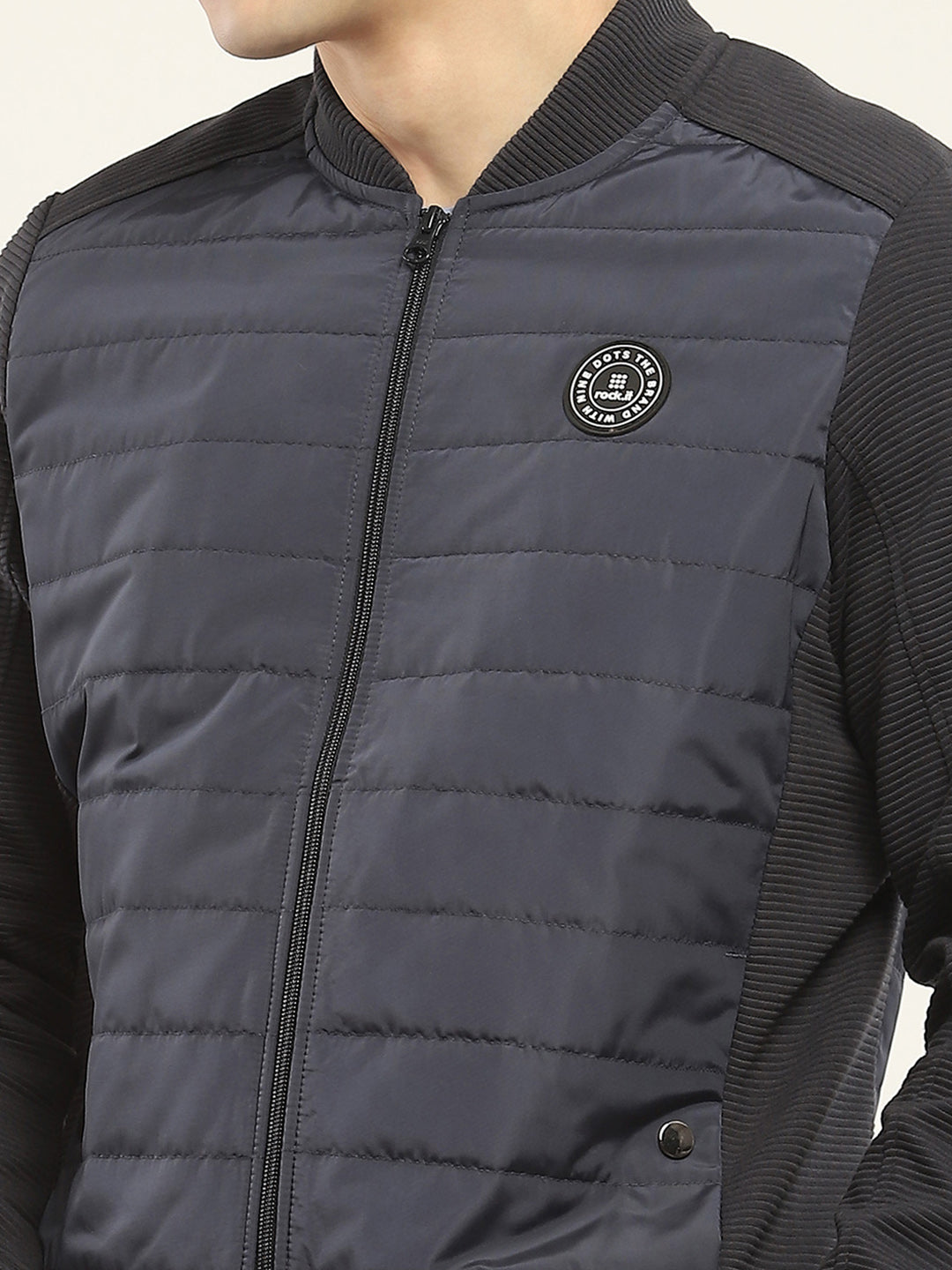 Rock.it Men Navy Blue Solid Band Collar Full Sleeve Jacket