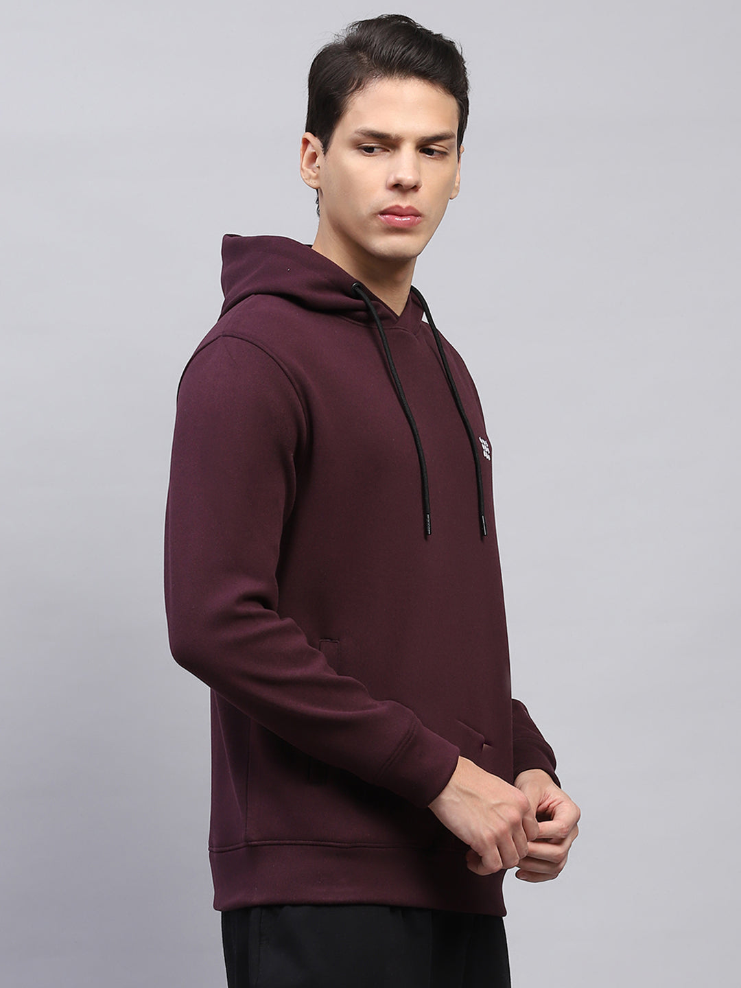 Rock.it Men Maroon Solid Hooded Full Sleeve Sweatshirt