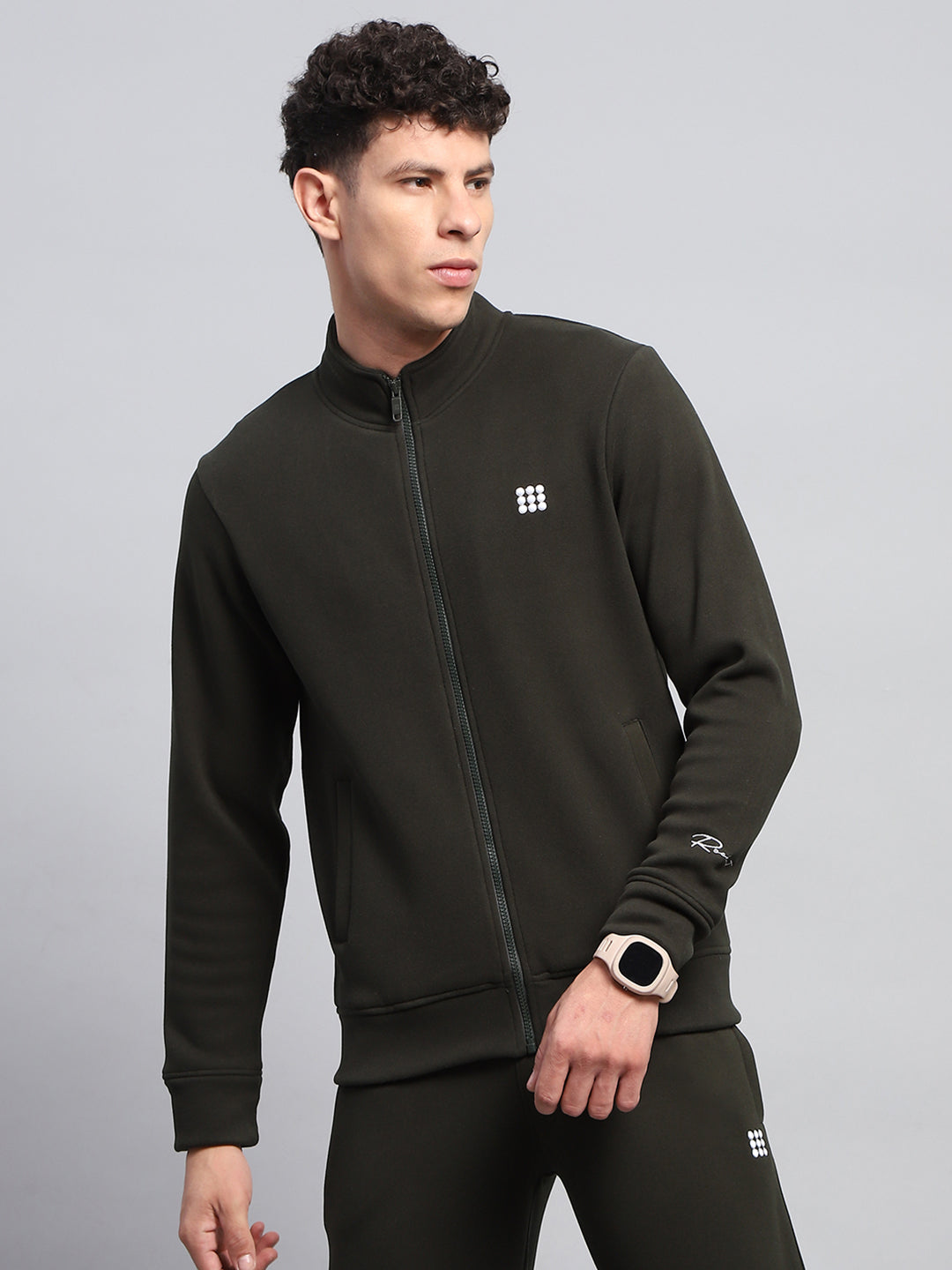 Rock.it Men Olive Solid Mock Neck Full Sleeve Sweatshirt