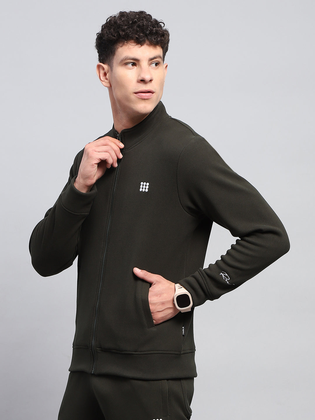 Rock.it Men Olive Solid Mock Neck Full Sleeve Sweatshirt