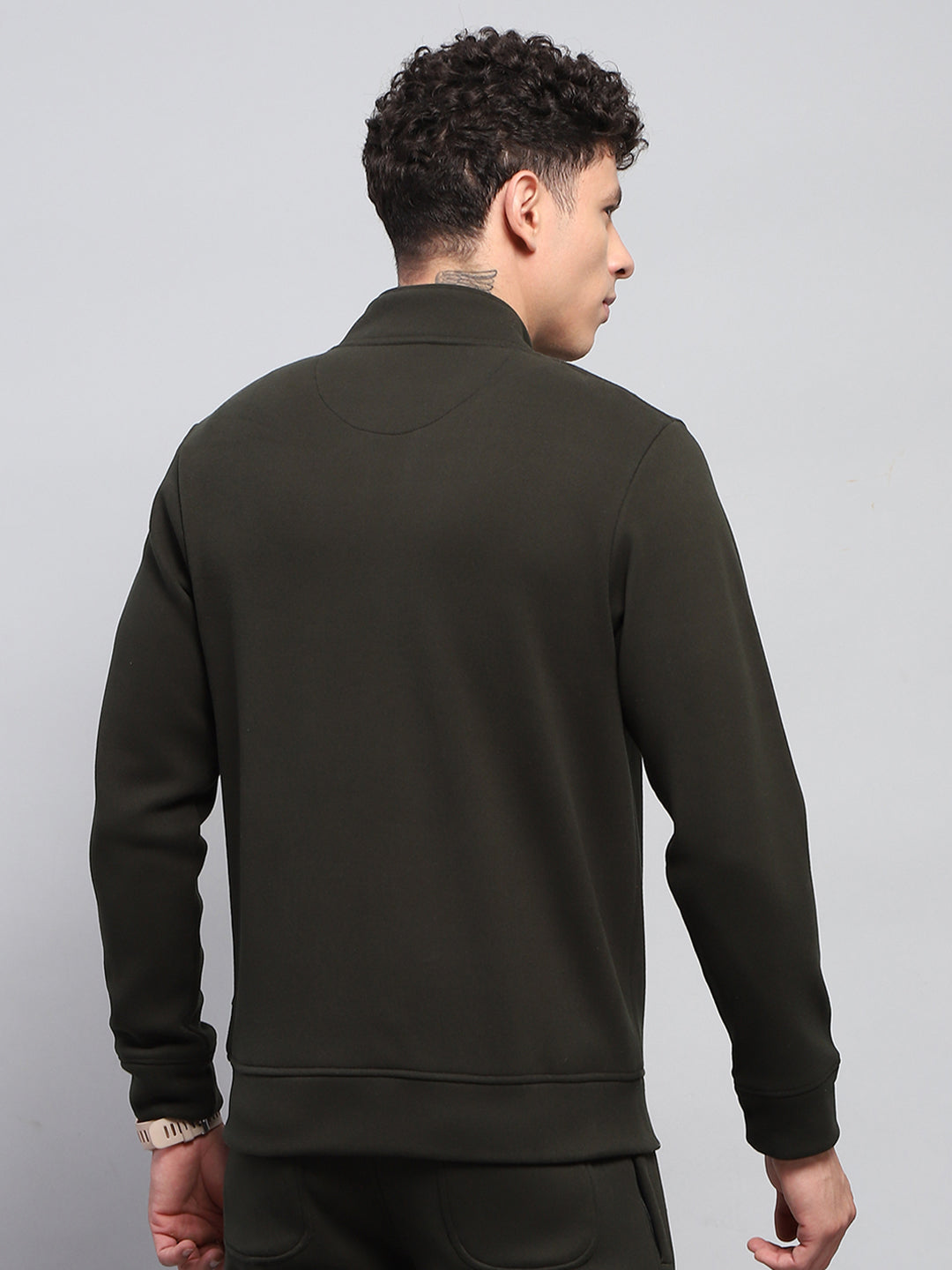 Rock.it Men Olive Solid Mock Neck Full Sleeve Sweatshirt