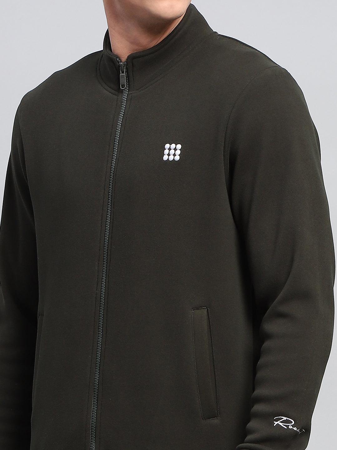 Rock.it Men Olive Solid Mock Neck Full Sleeve Sweatshirt