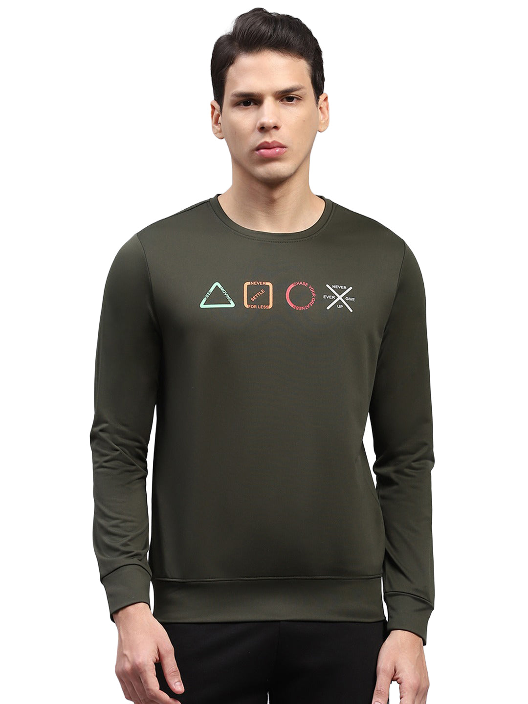 Rock.it Men Olive Printed Round Neck Full Sleeve Sweatshirt
