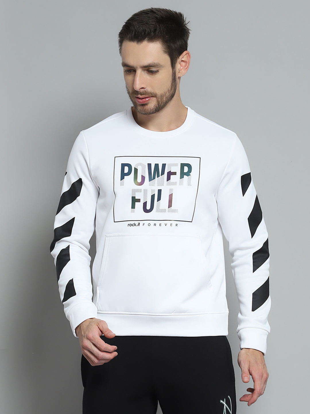 Rock.it Men White Printed Round Neck Full Sleeve Sweatshirt
