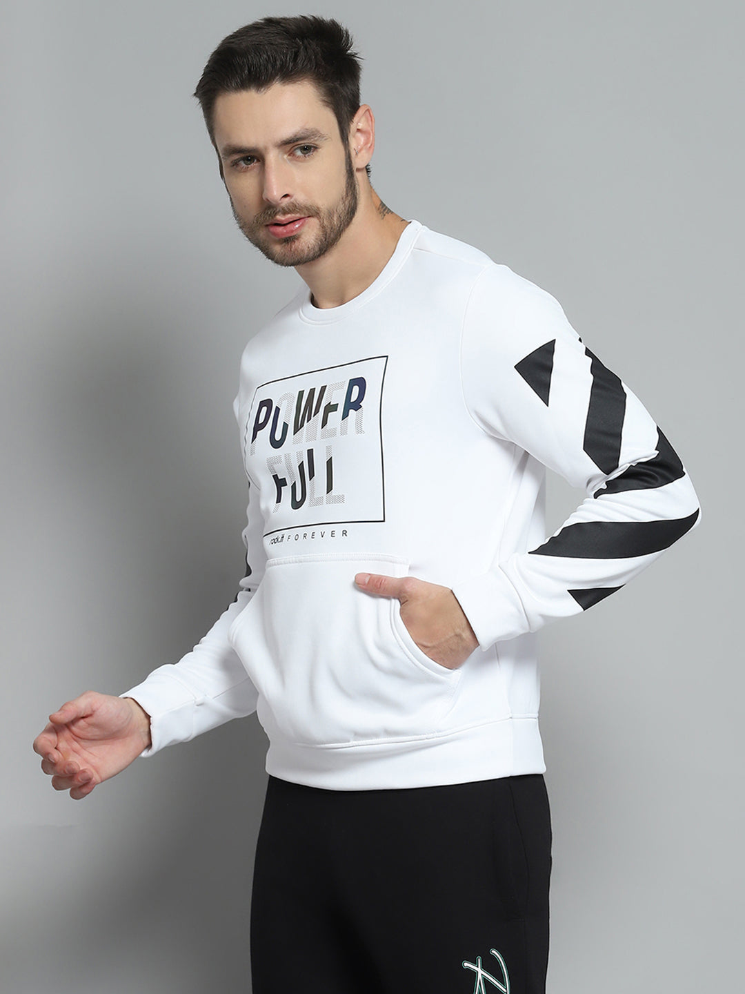 Rock.it Men White Printed Round Neck Full Sleeve Sweatshirt