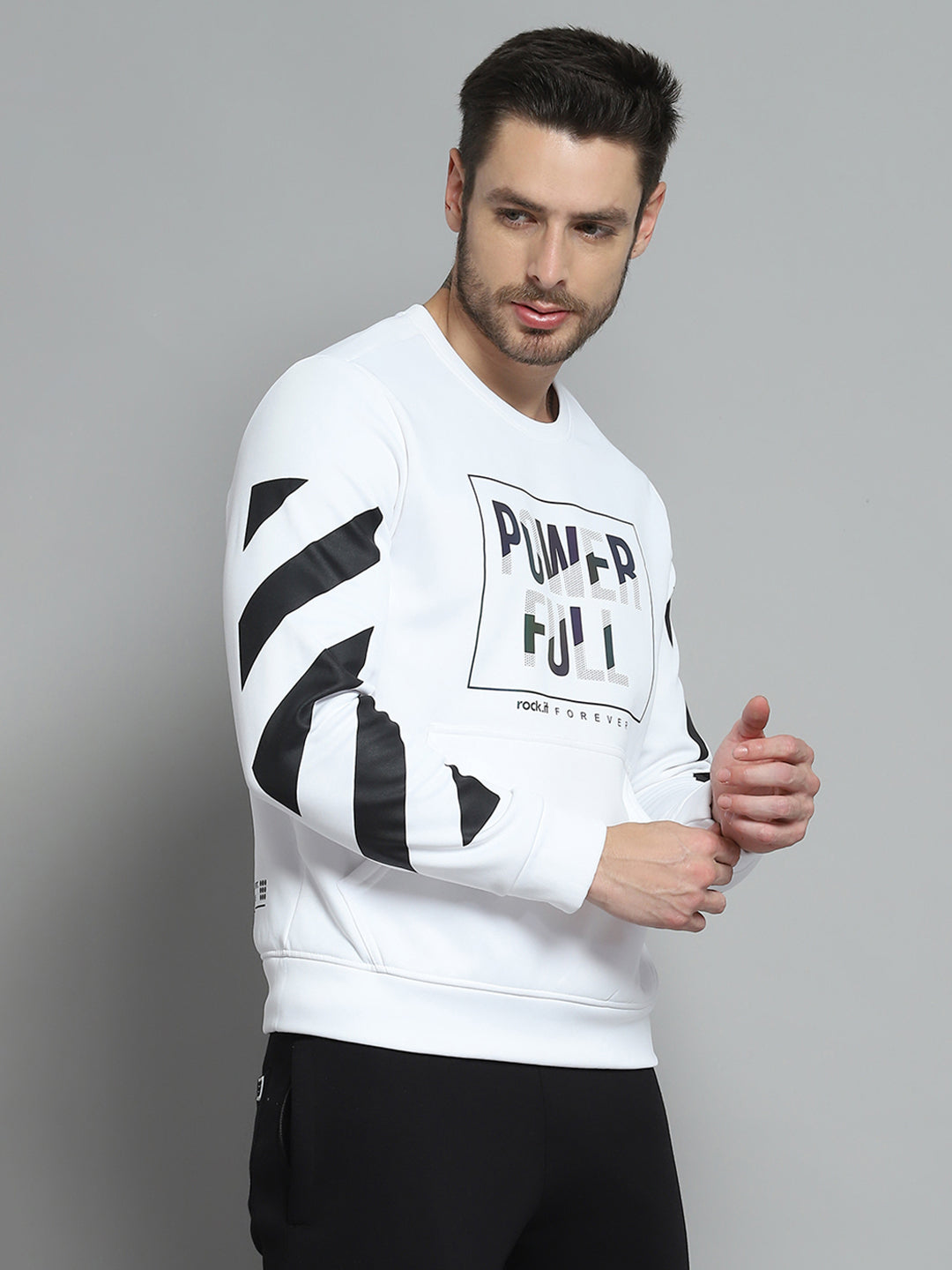 Rock.it Men White Printed Round Neck Full Sleeve Sweatshirt