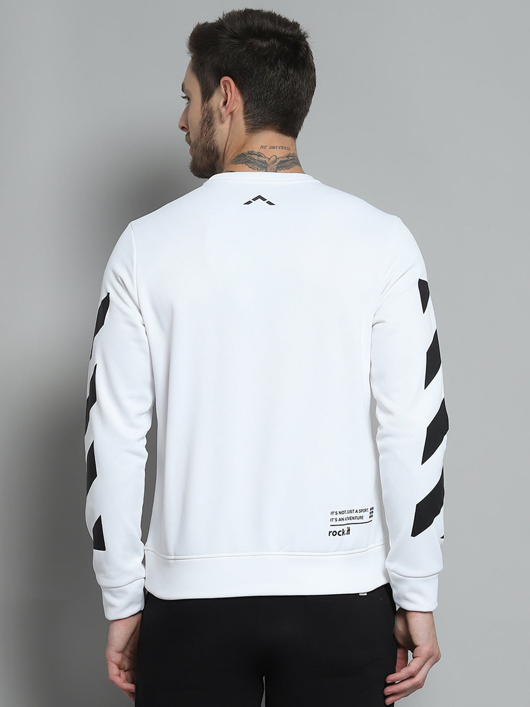 Rock.it Men White Printed Round Neck Full Sleeve Sweatshirt