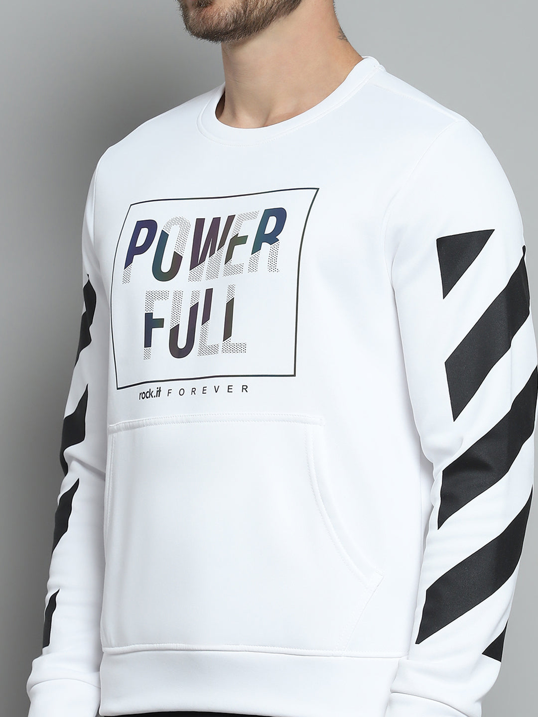 Rock.it Men White Printed Round Neck Full Sleeve Sweatshirt