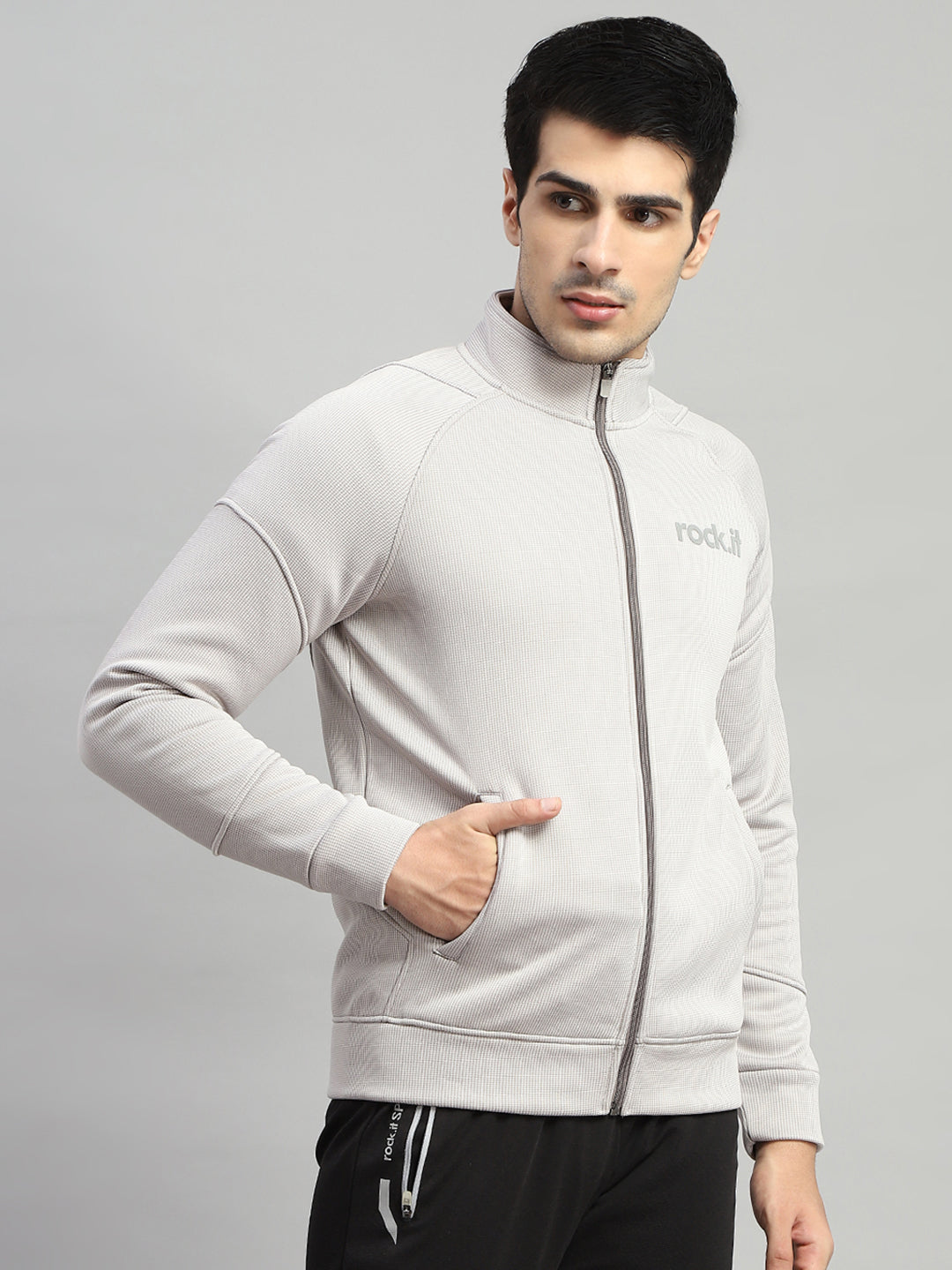 Rock.it Men Grey Self Design Turtle Neck Full Sleeve Sweatshirt