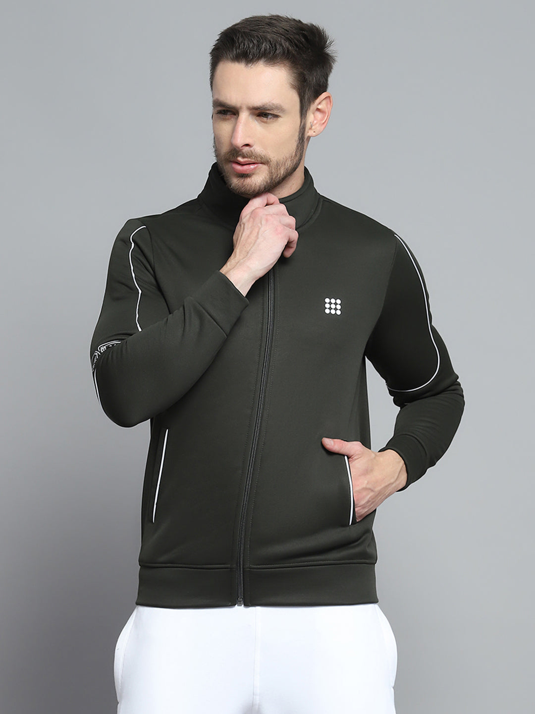 Rock.it Men Olive Solid Mock Neck Full Sleeve Sweatshirt