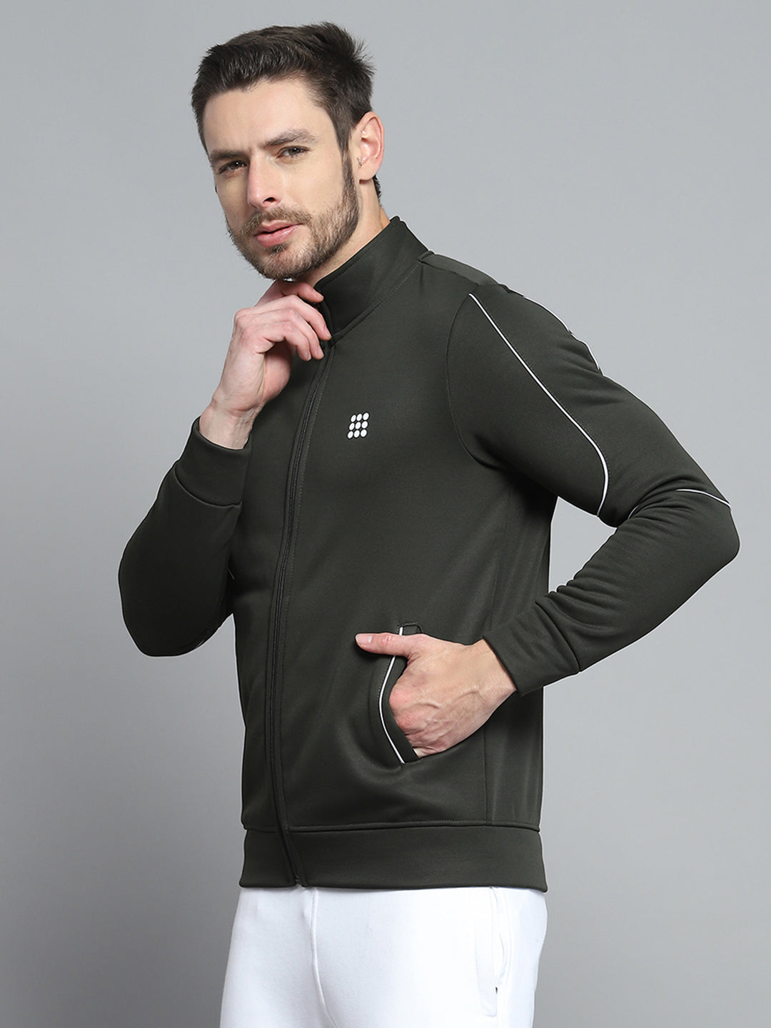 Rock.it Men Olive Solid Mock Neck Full Sleeve Sweatshirt