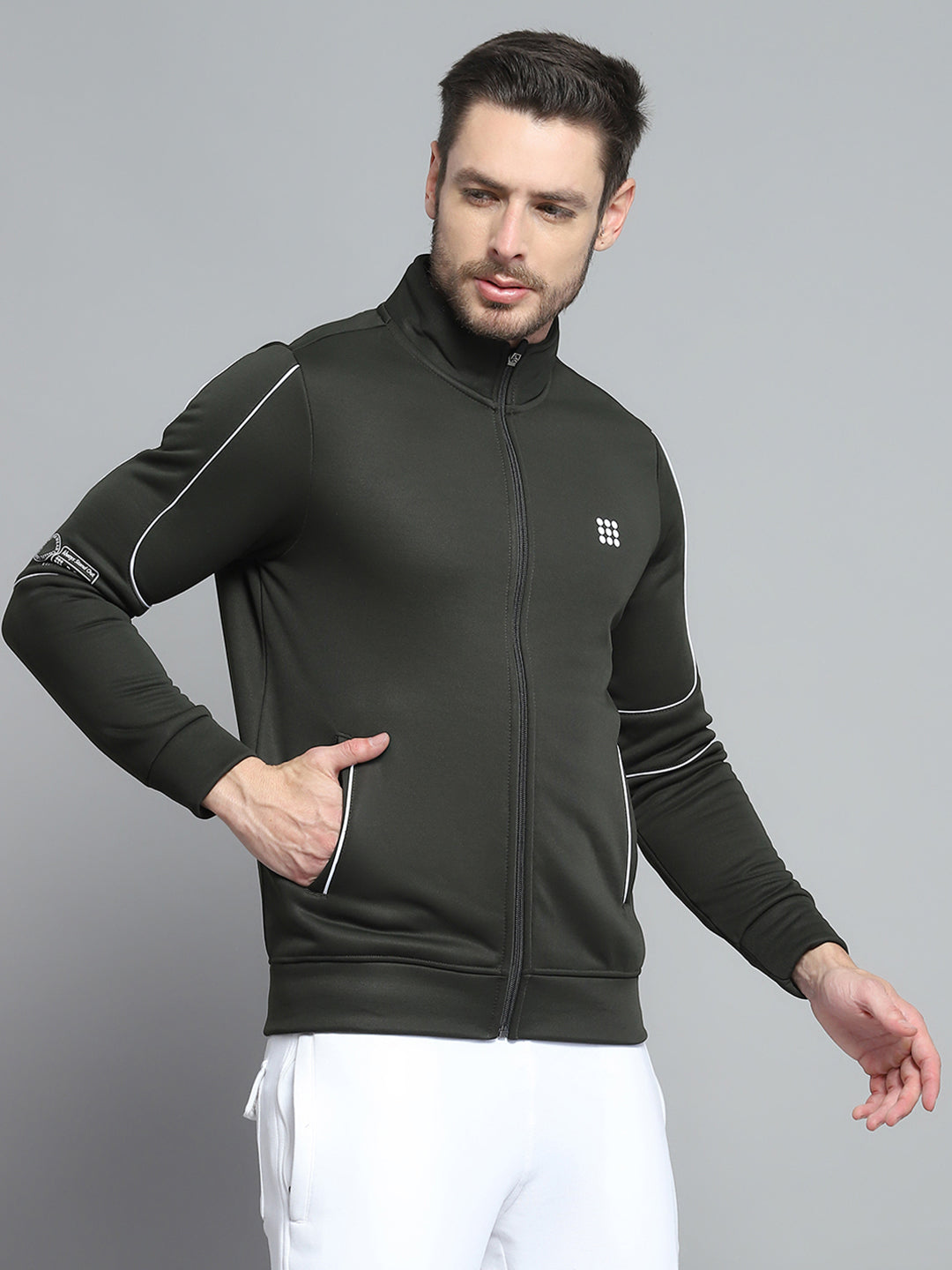 Rock.it Men Olive Solid Mock Neck Full Sleeve Sweatshirt