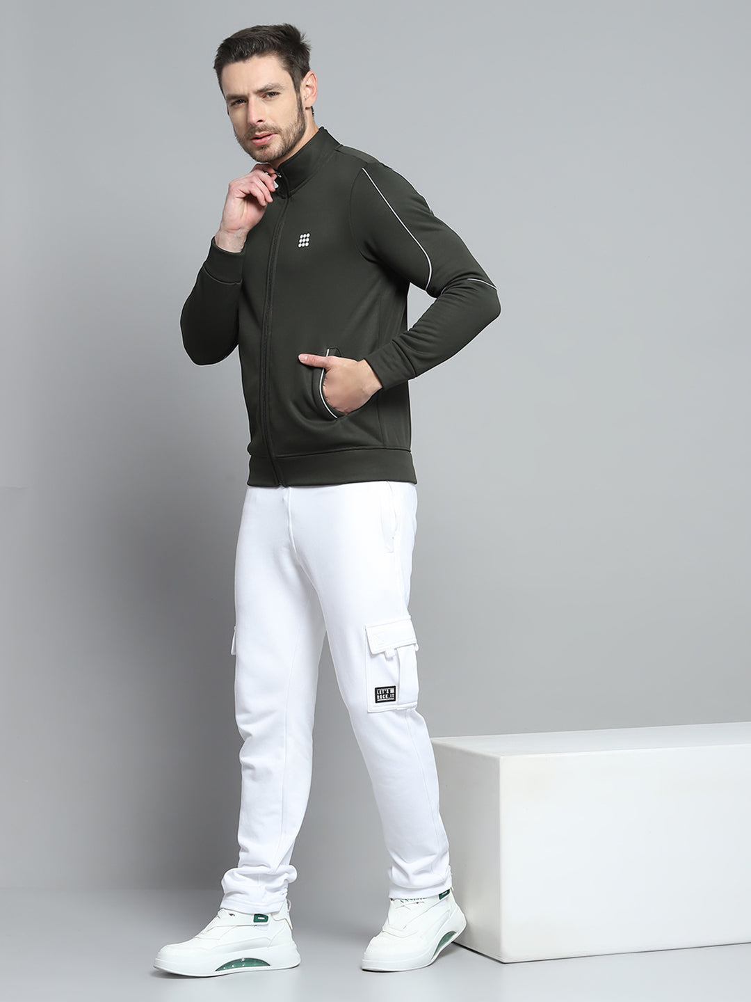 Rock.it Men Olive Solid Mock Neck Full Sleeve Sweatshirt