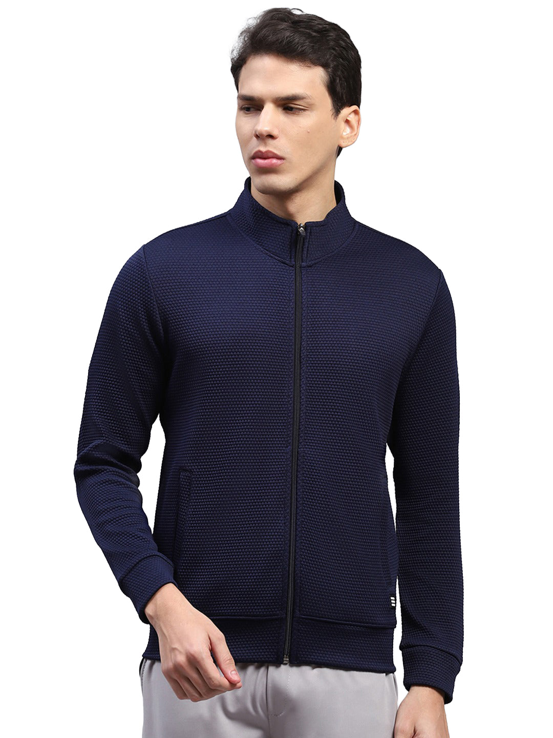 Rock.it Men Navy Blue Self Design Turtle Neck Full Sleeve Sweatshirt