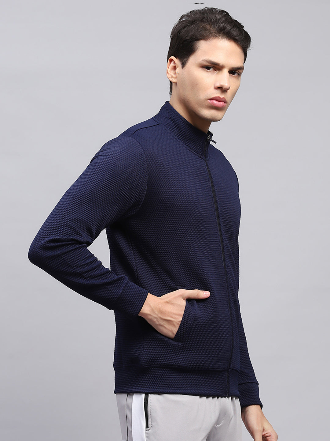 Rock.it Men Navy Blue Self Design Turtle Neck Full Sleeve Sweatshirt