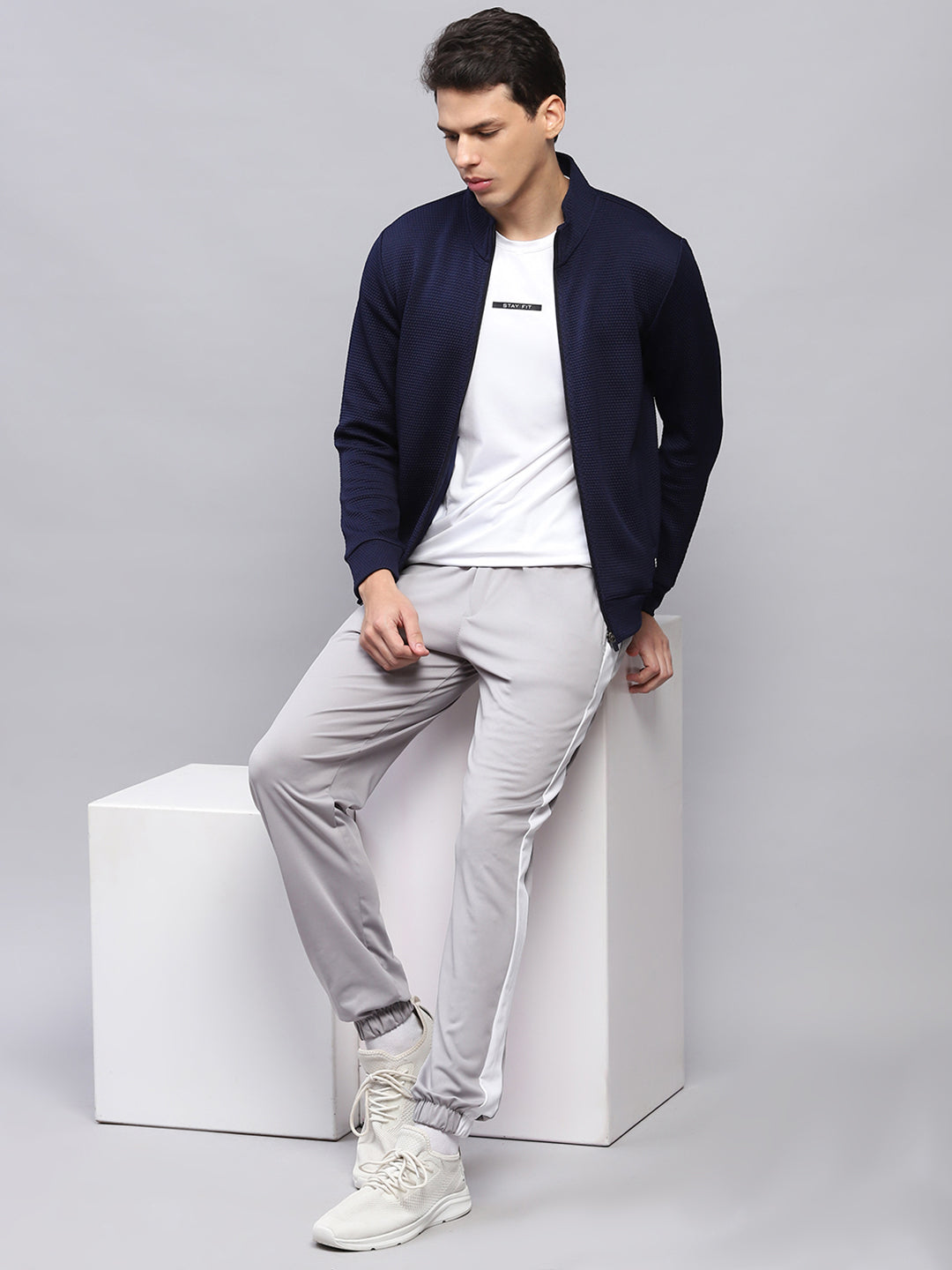 Rock.it Men Navy Blue Self Design Turtle Neck Full Sleeve Sweatshirt