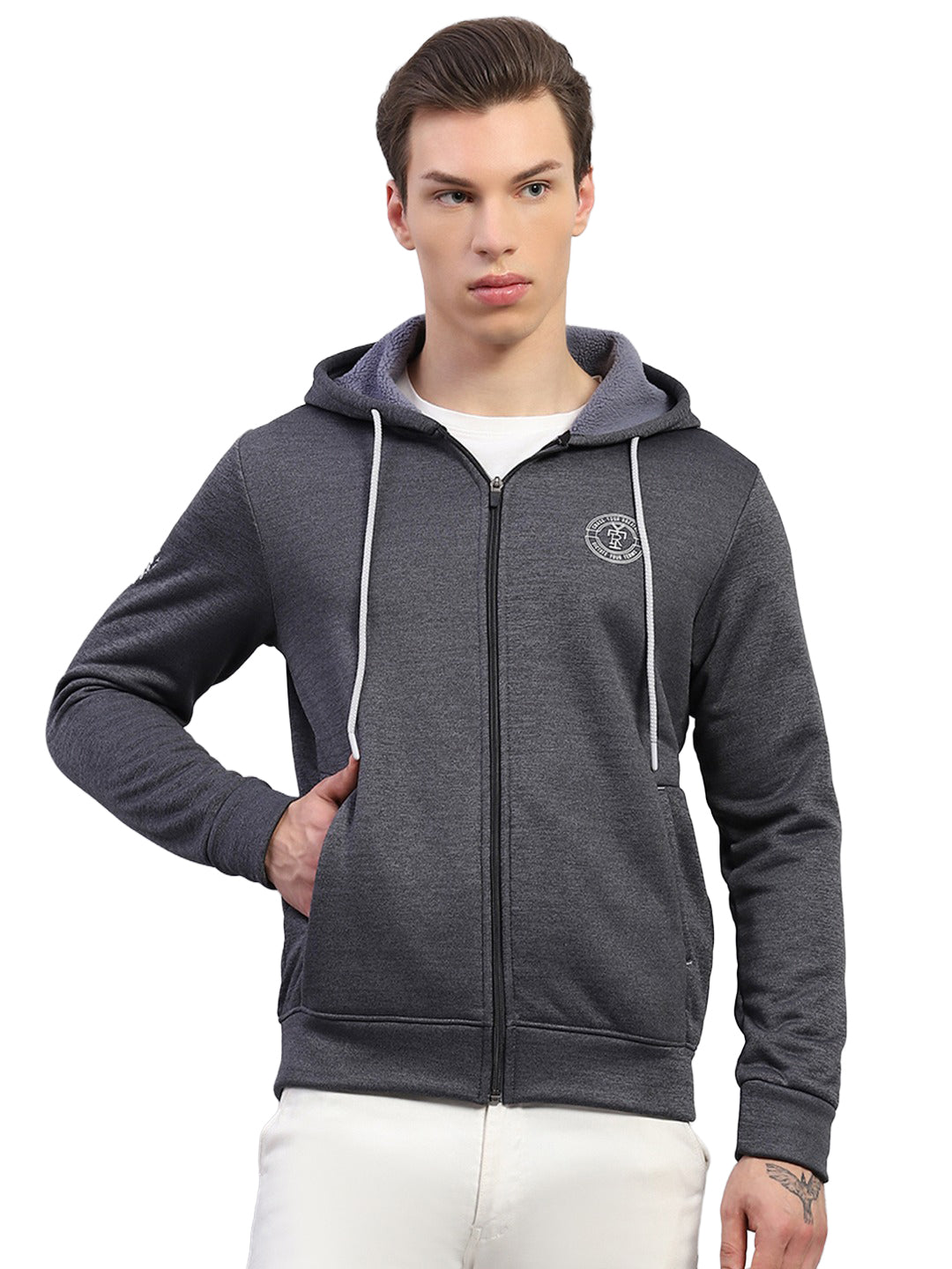 Rock.it Men Charcoal Self Design Hooded Full Sleeve Sweatshirt