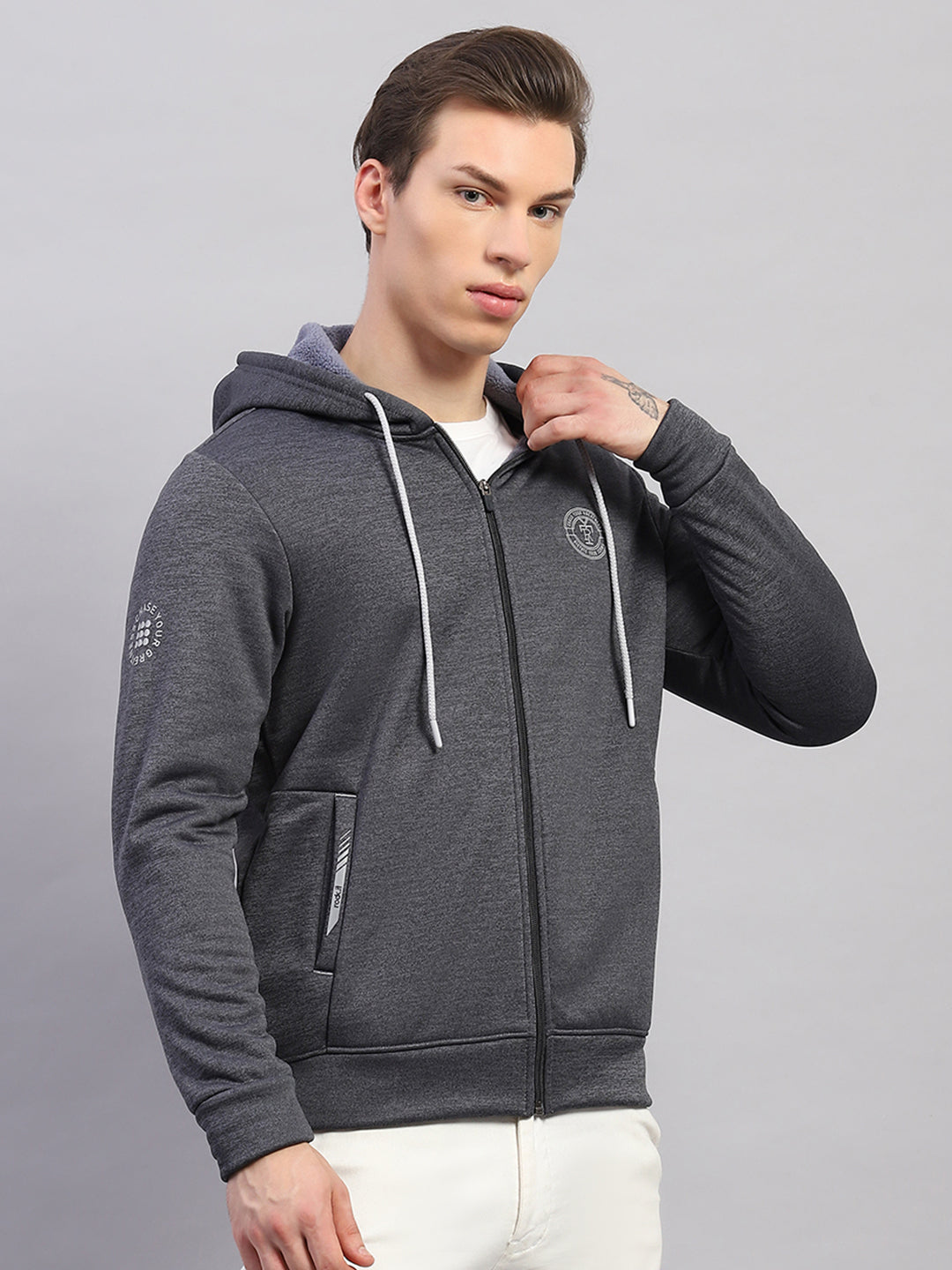 Rock.it Men Charcoal Self Design Hooded Full Sleeve Sweatshirt
