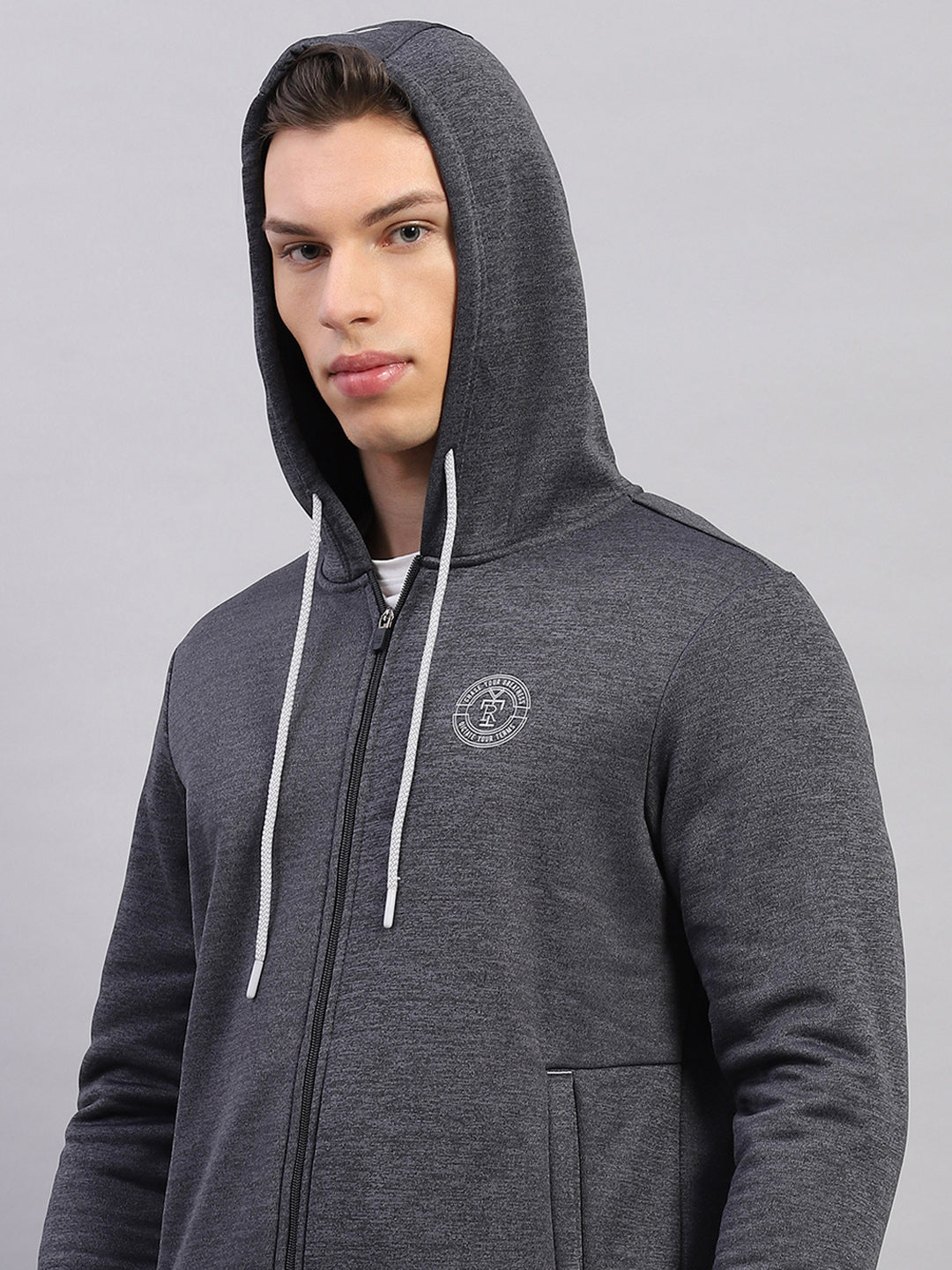 Rock.it Men Charcoal Self Design Hooded Full Sleeve Sweatshirt