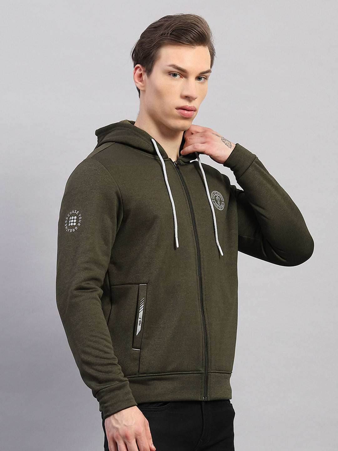 Rock.it Men Olive Self Design Hooded Full Sleeve Sweatshirt