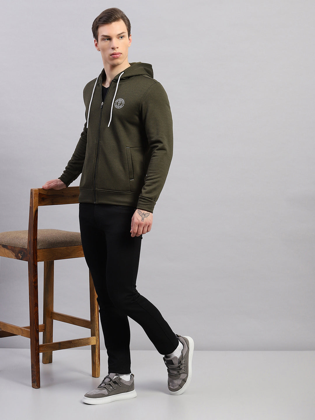 Rock.it Men Olive Self Design Hooded Full Sleeve Sweatshirt