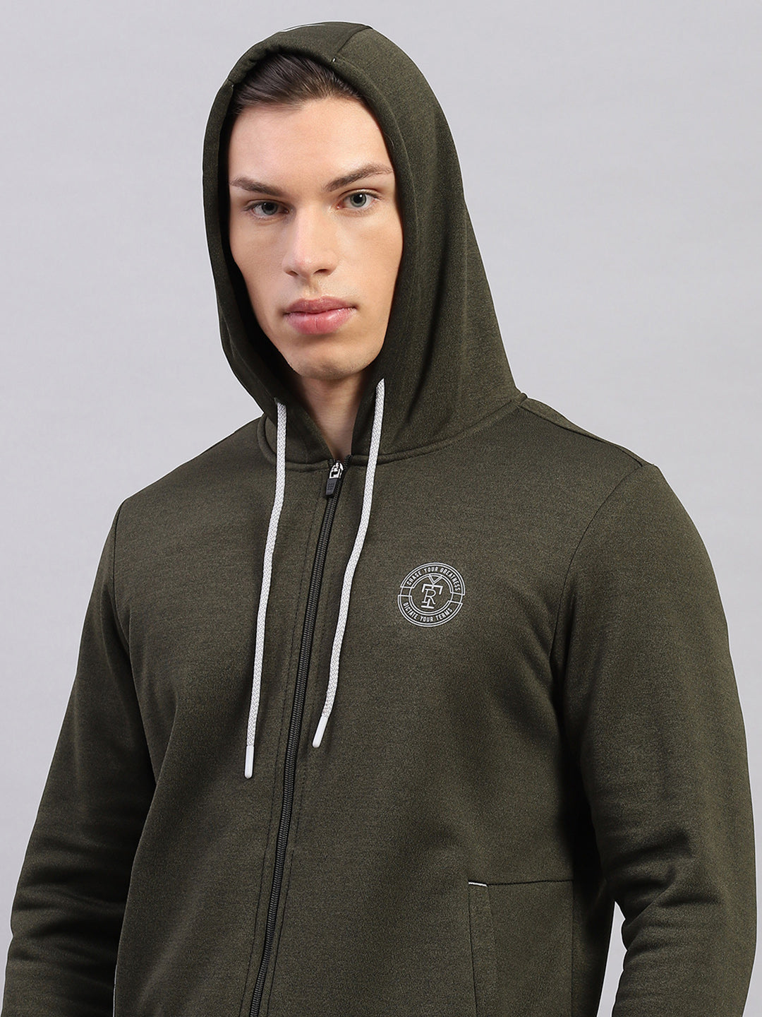 Rock.it Men Olive Self Design Hooded Full Sleeve Sweatshirt