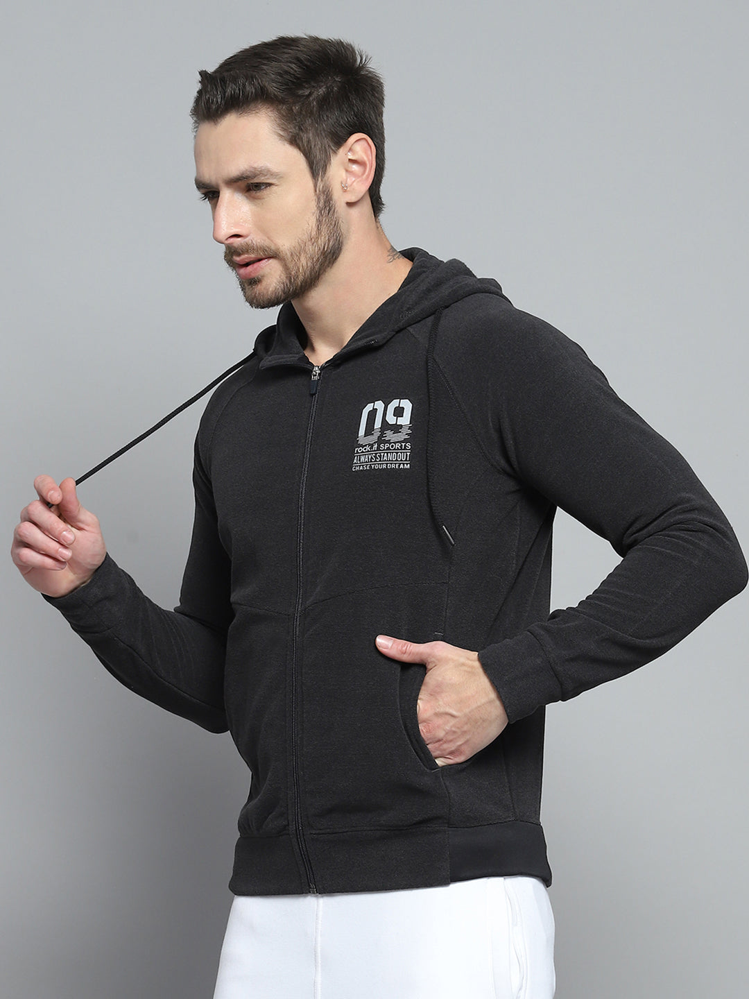 Rock.it Men Charcoal Printed Hooded Full Sleeve Sweatshirt