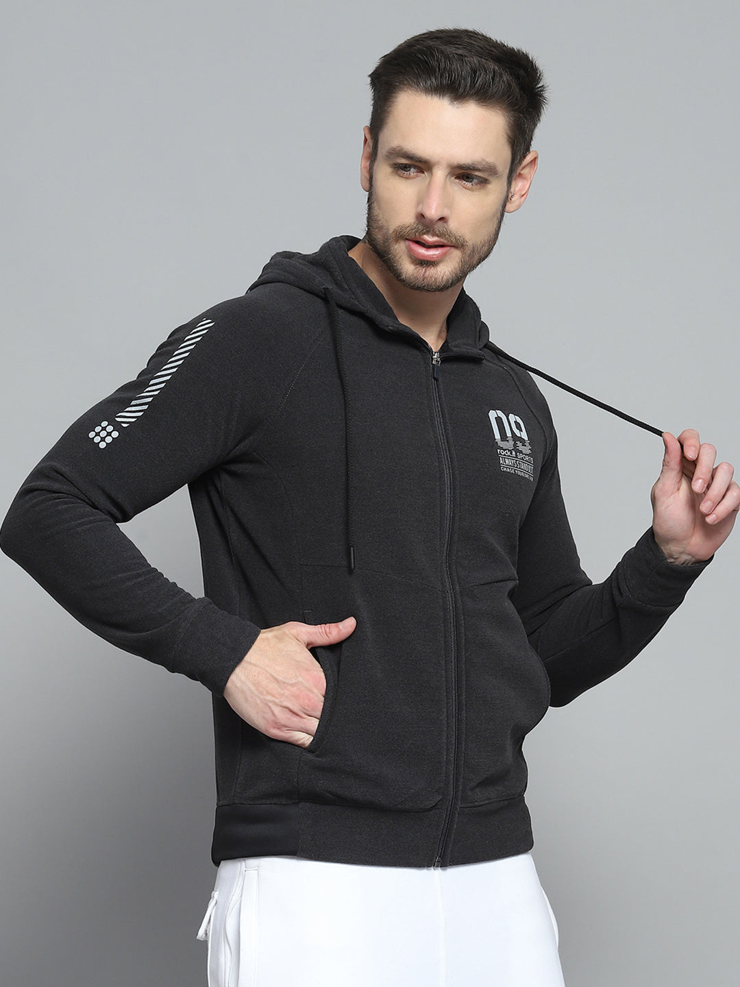 Rock.it Men Charcoal Printed Hooded Full Sleeve Sweatshirt