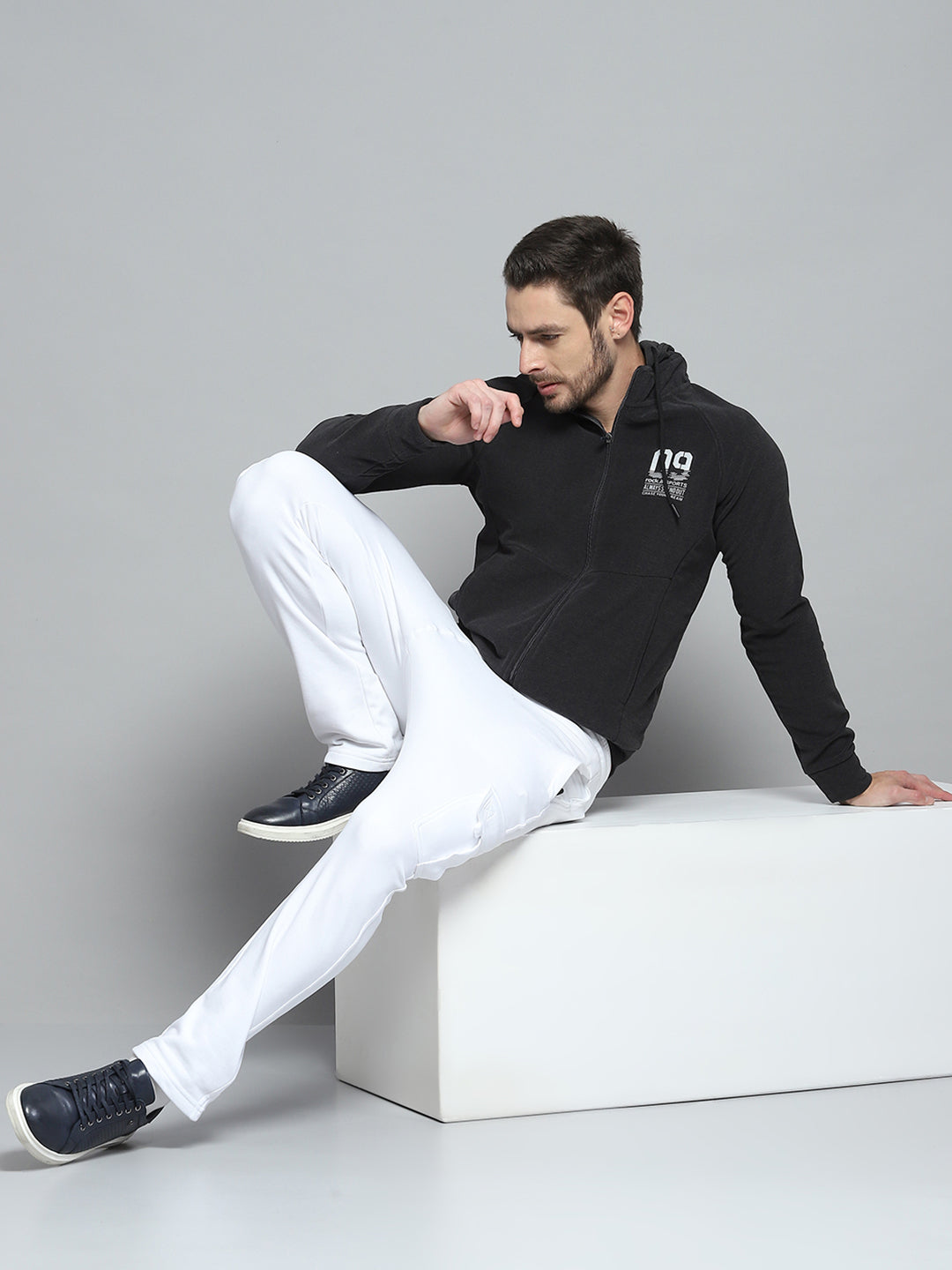 Rock.it Men Charcoal Printed Hooded Full Sleeve Sweatshirt