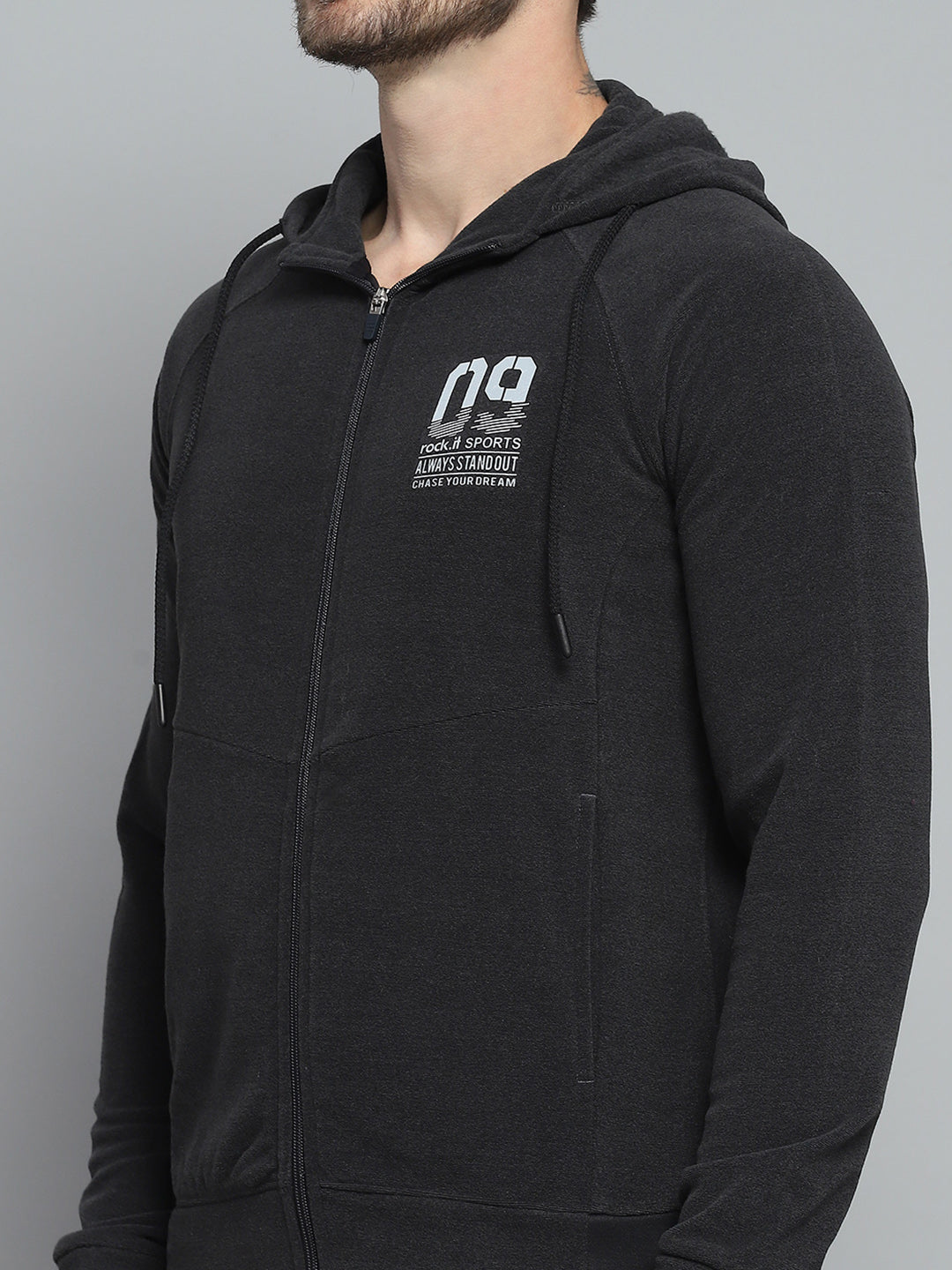 Rock.it Men Charcoal Printed Hooded Full Sleeve Sweatshirt