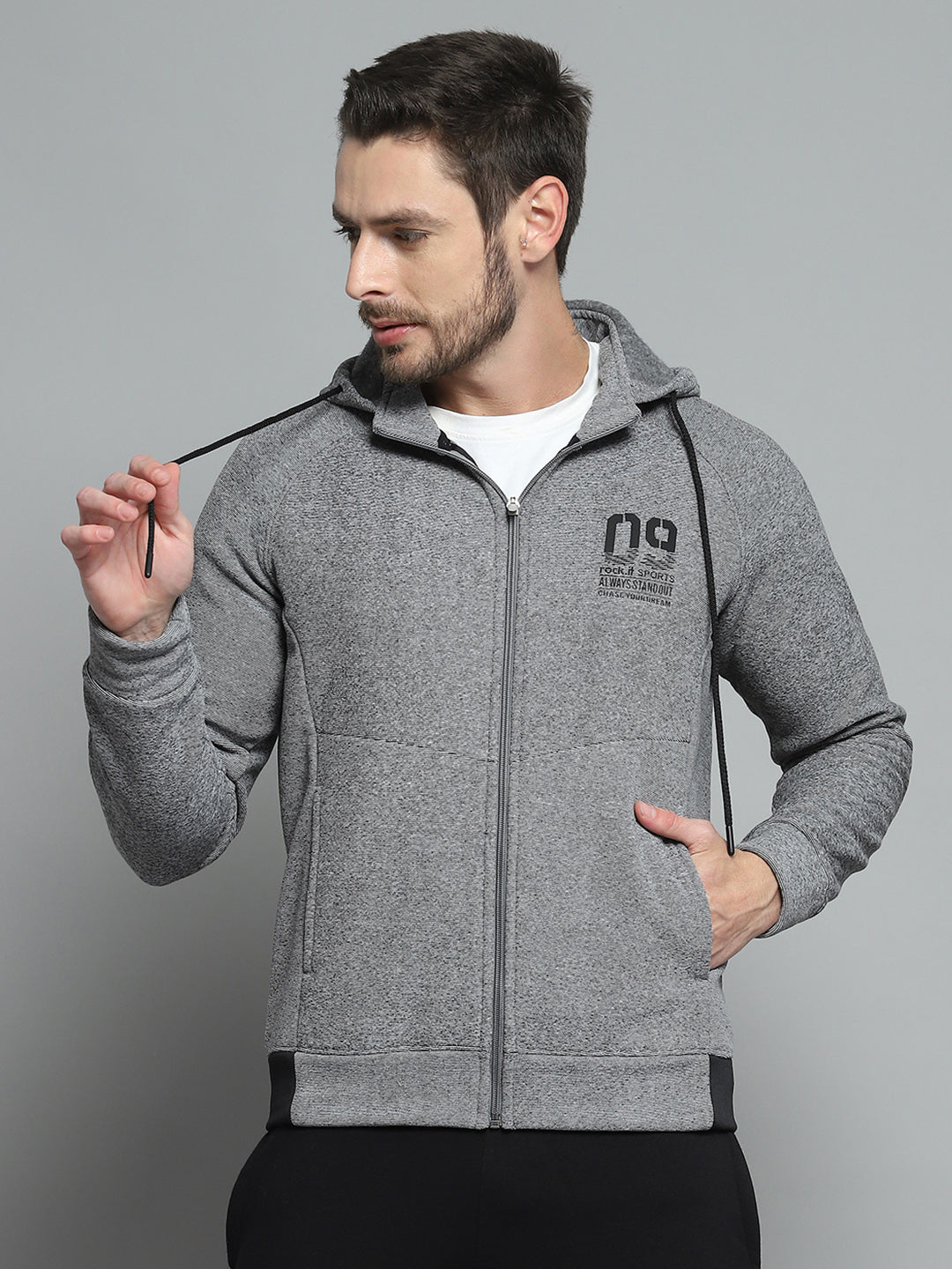 Rock.it Men Grey Printed Hooded Full Sleeve Sweatshirt