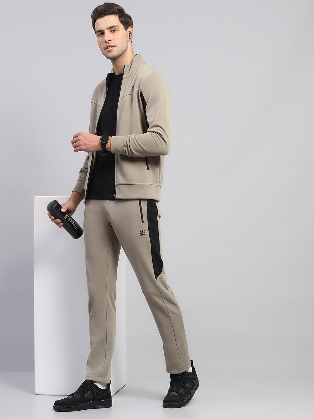 Rock.it Men Beige Printed Round Neck Full Sleeve Winter Tracksuit