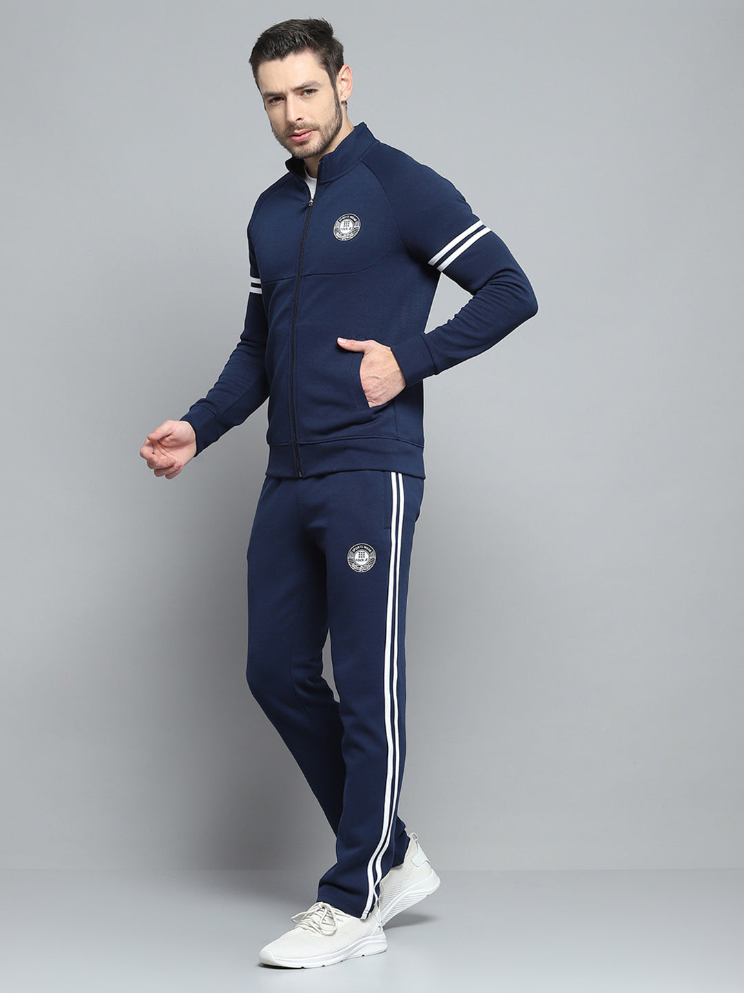 Rock.it Men Navy Blue Printed Mock Neck Full Sleeve Winter Tracksuit